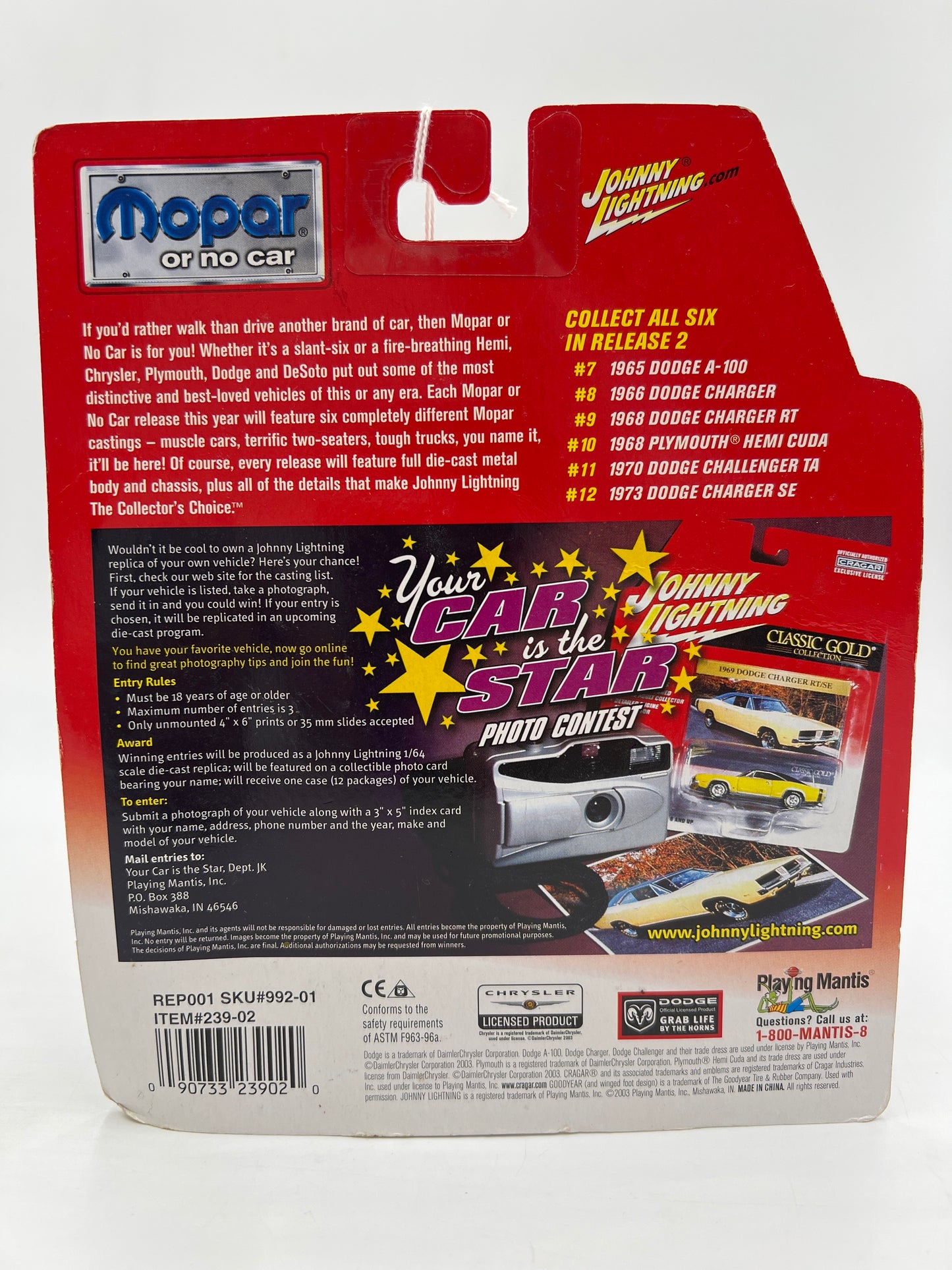 Johnny Lightning Mopar Or No Car #9 1968 Dodge Charger RT Red 219D