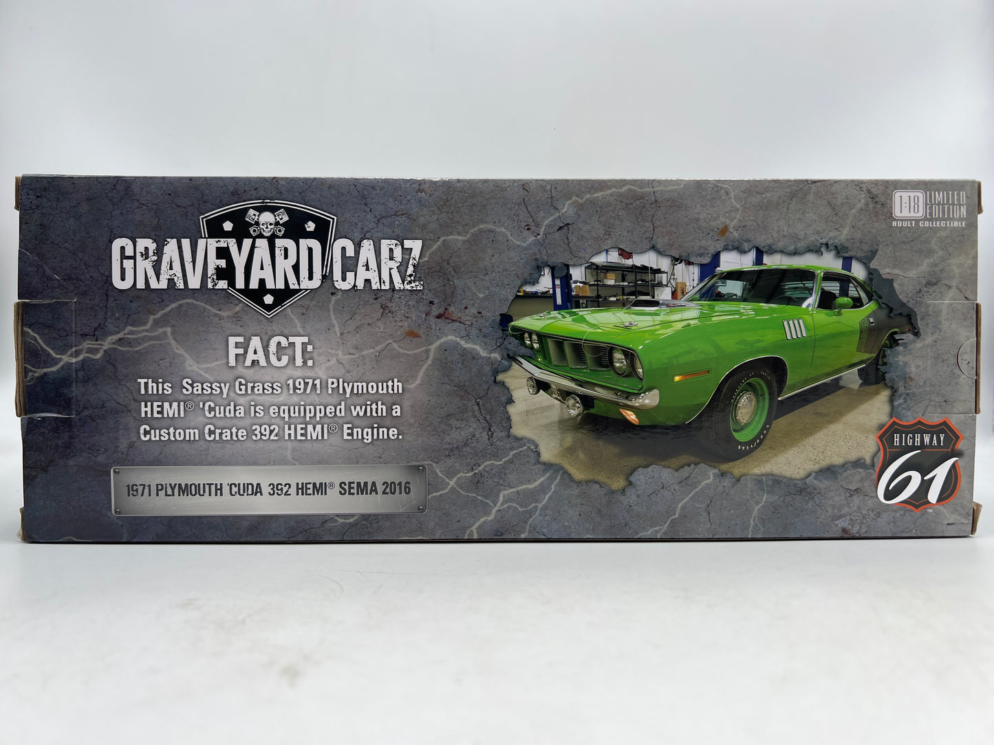 Highway 61 1:18 Scale Graveyard Carz 1971 Plymouth Cuda 392 Hemi Green SEMA 2016 VHTF