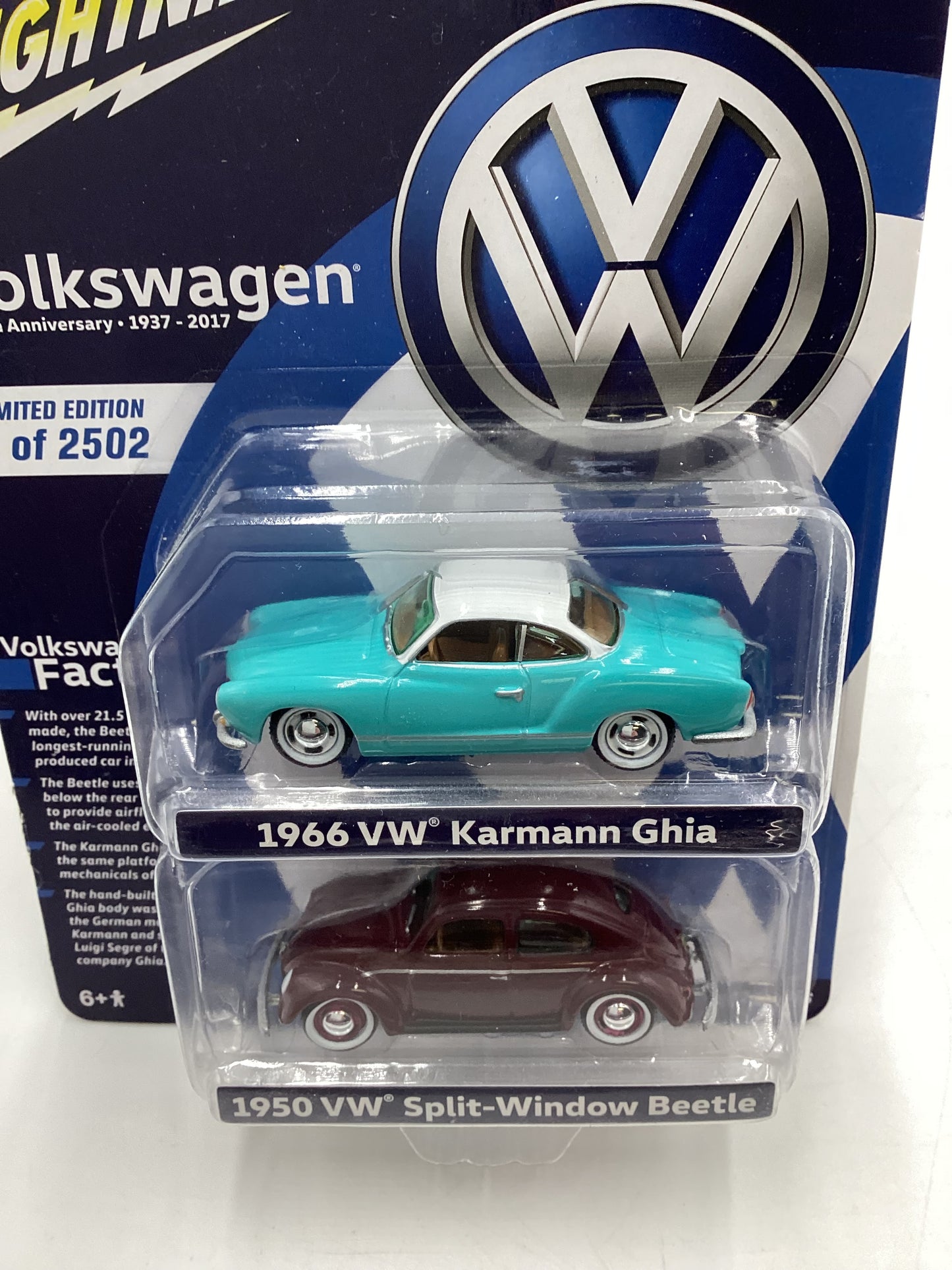 Johnny Lightning 2 Pack 1/2502 1966 VW Karmann Ghia Light Blue 1950 VW Split Window Beetle Maroon with protector