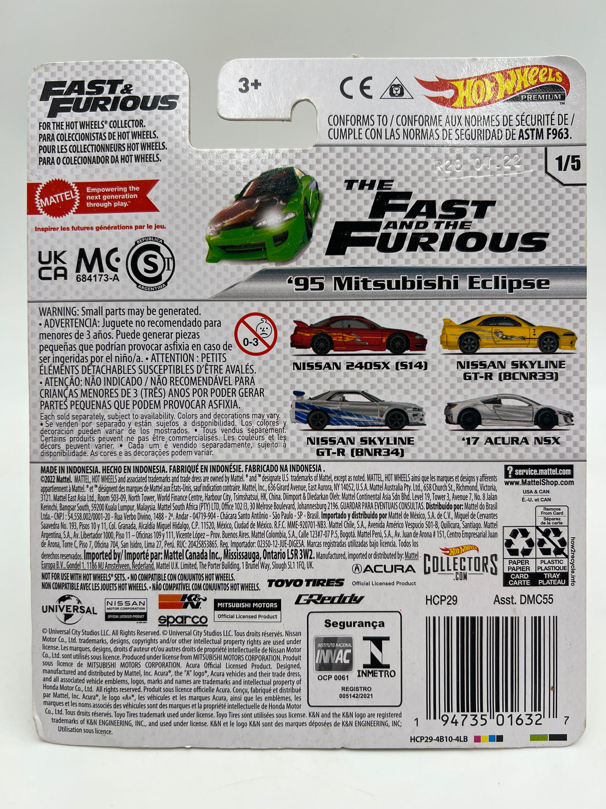 Hot Wheels Premium Fast & Furious #1 95 Mitsubishi Eclipse Green W/Protector