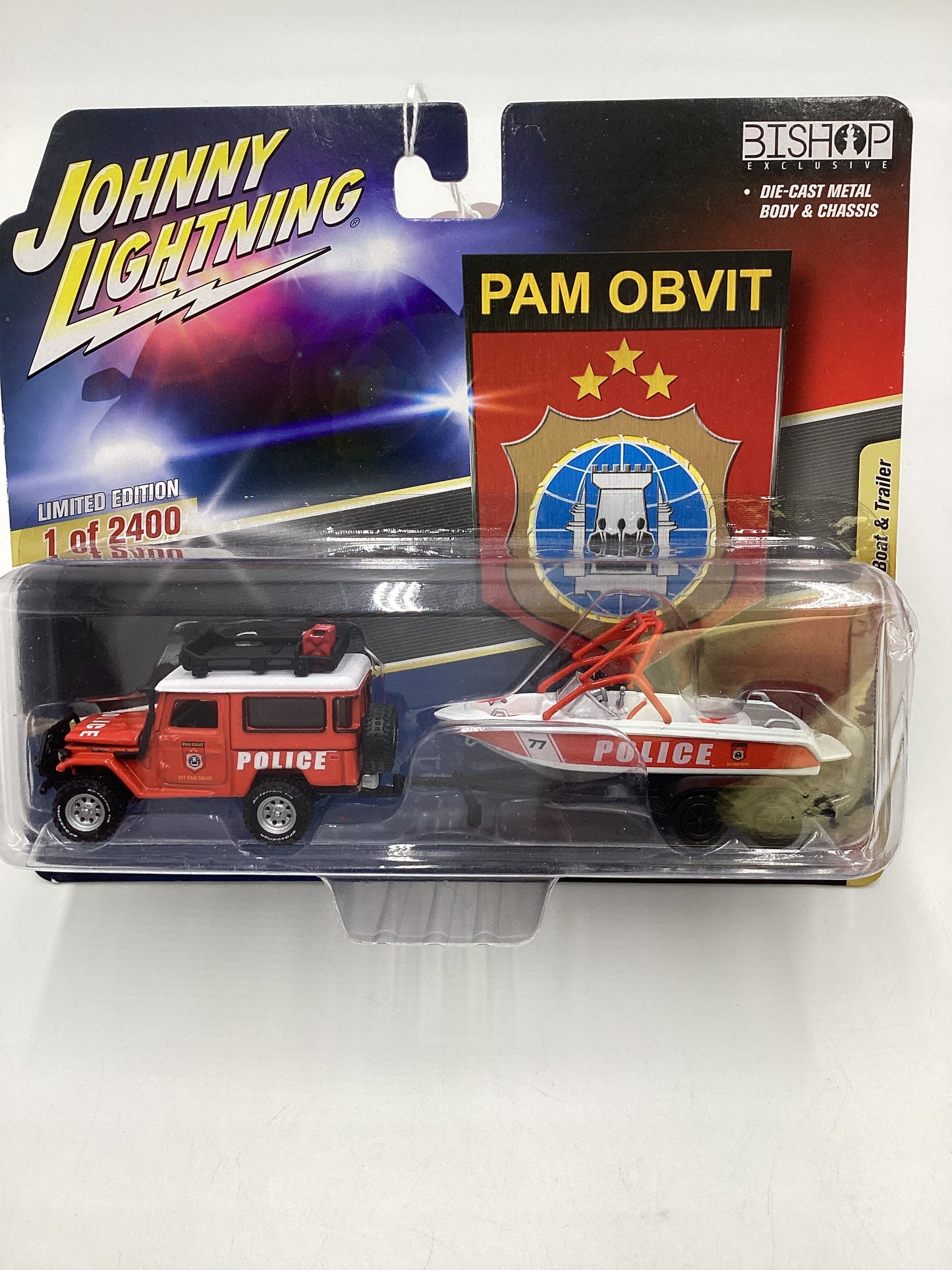 Johnny Lightning Bishop Exclusive Pam Obvit 1980 Toyota Land Cruiser w/ Boat & Trailer