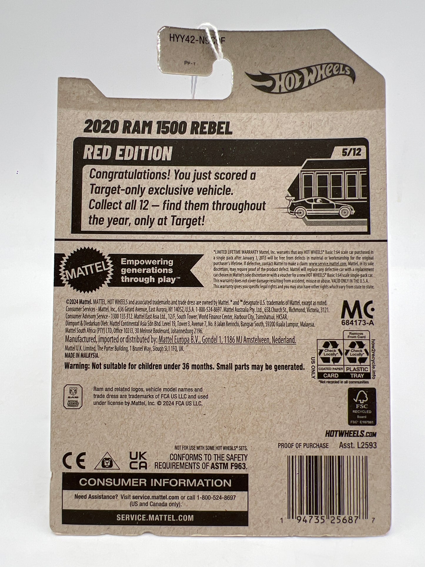 2025 Hot Wheels F Case Target Red Edition #39 2020 Ram 1500 Rebel Red 147H
