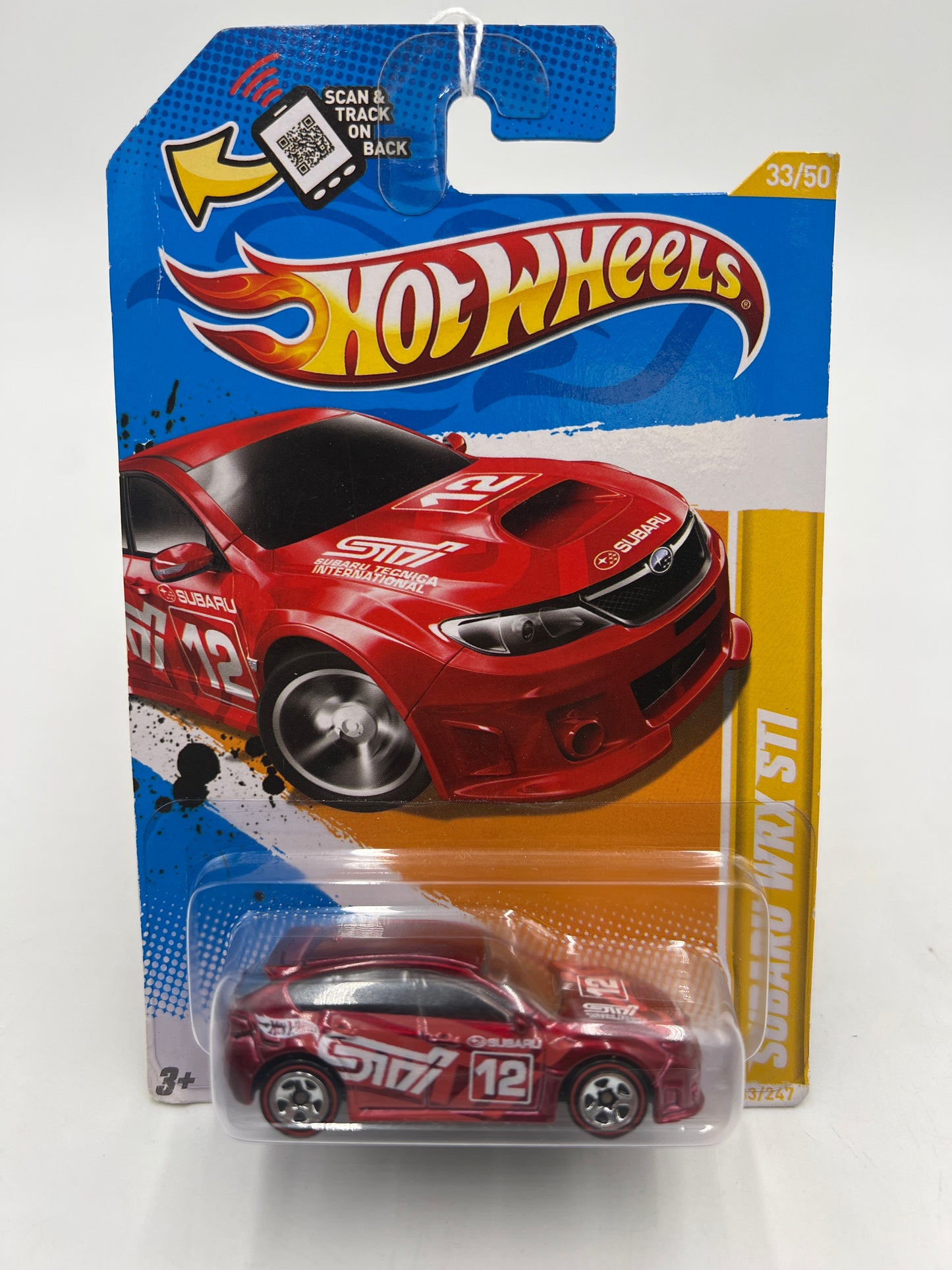 2012 Hot Wheels New Models #33 Walmart Exclusive Redline Wheels Subaru WRX STi Red *Bad Card* 237F