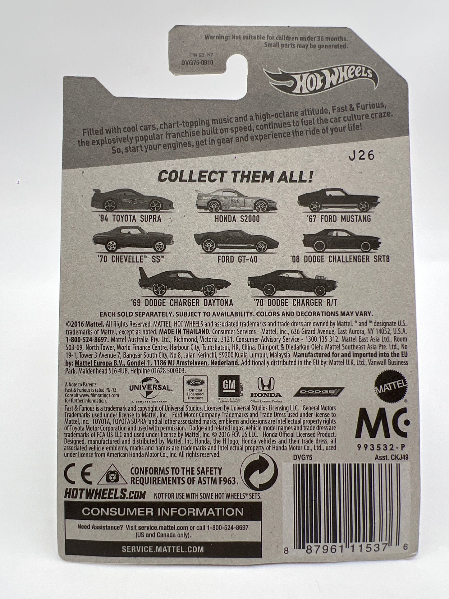 2016 Hot Wheels Fast & Furious #1 94 Toyota Supra Orange W/Protector