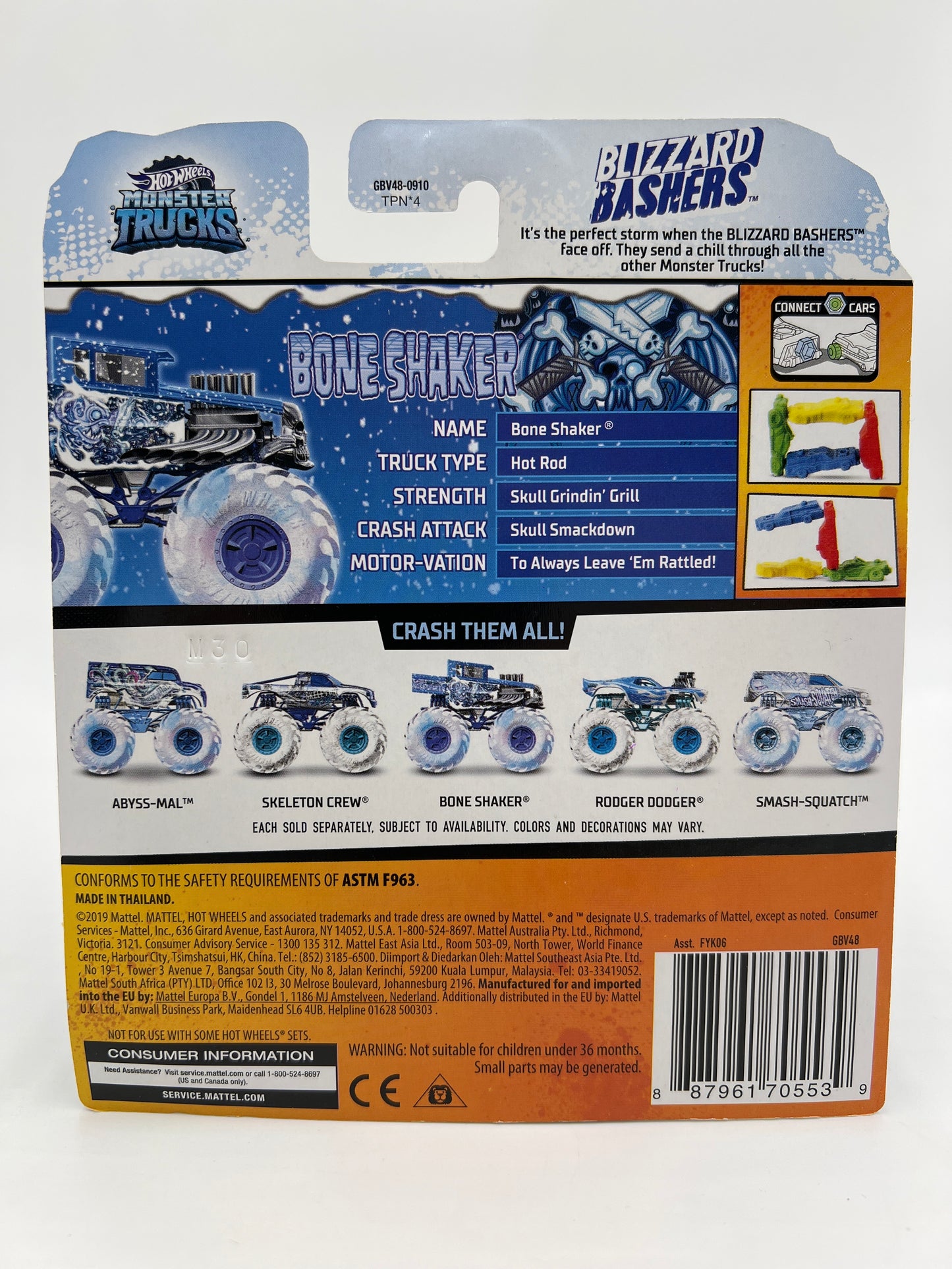 Hot Wheels Monster Trucks Blizzard Bashers Bone Shaker W/Protector