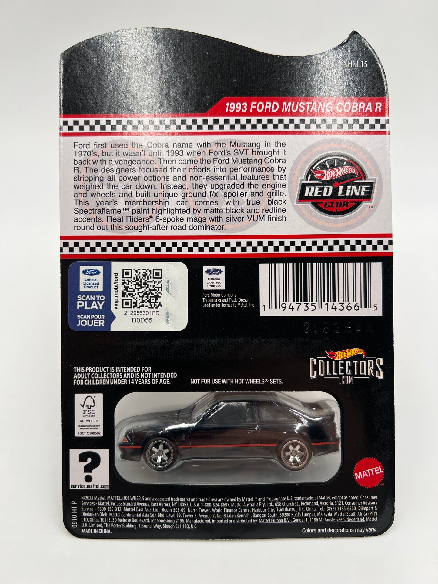 2023 Hot Wheels RLC Club Exclusive 1993 Ford Mustang Cobra R Black Exclusive W/Patch & Pin