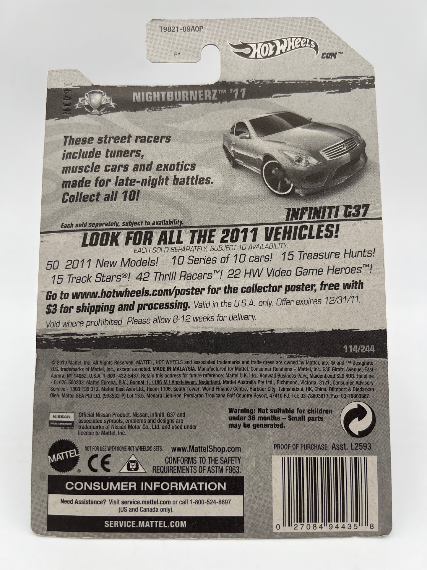 2011 Hot Wheels Nightburnerz #114 Infiniti G37 Metallic Silver W/Protector