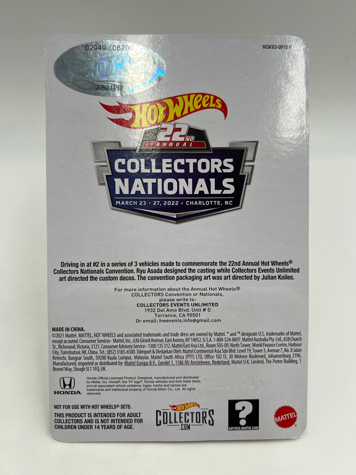 2022 Hot Wheels 22th Annual Collectors Nationals Charlotte 2949/6200 Honda S2000 Red W/Protector