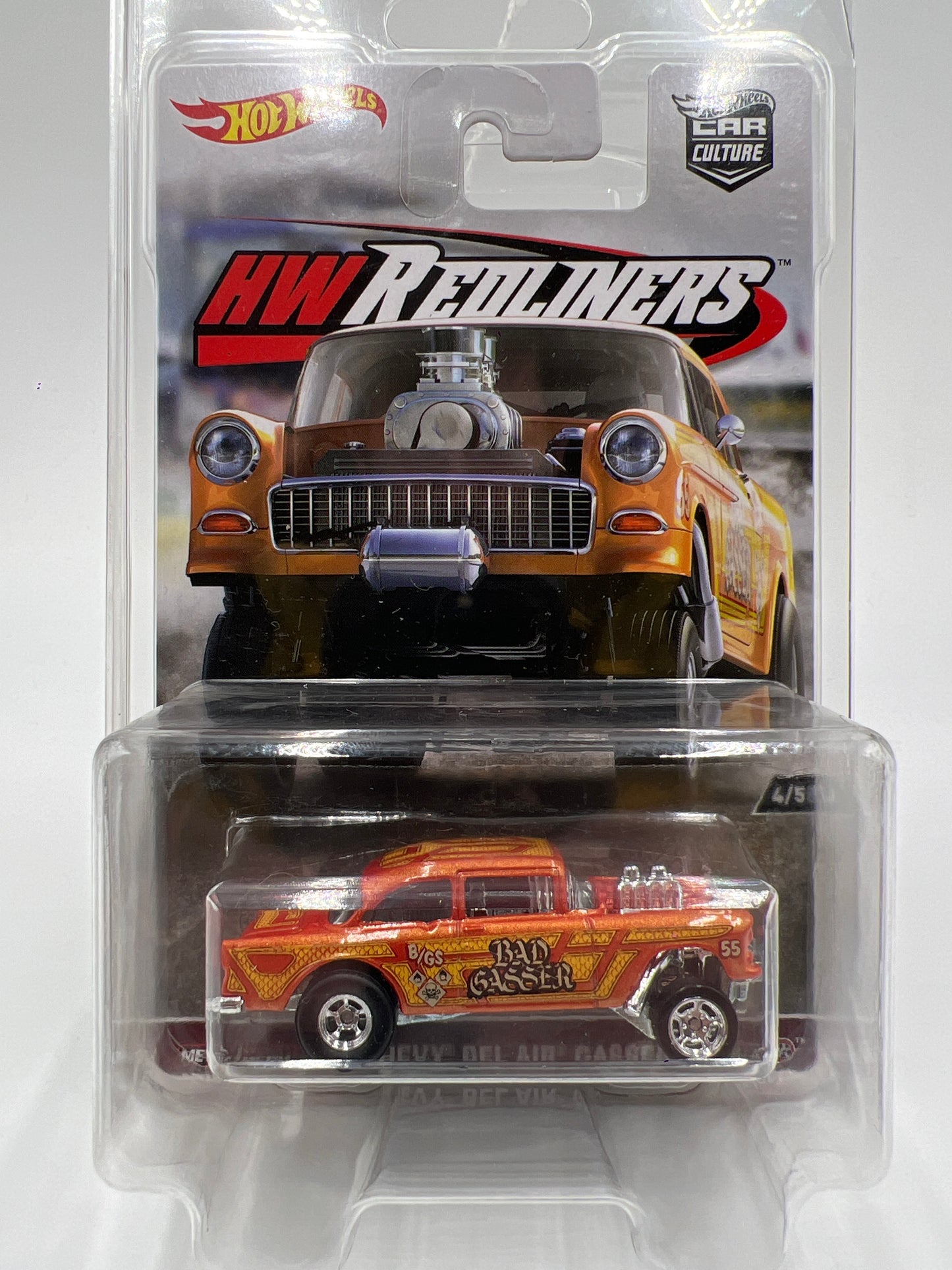 Hot Wheels Car Culture Redliners #4 55 Chevy Bel Air Gasser Orange W/Protector