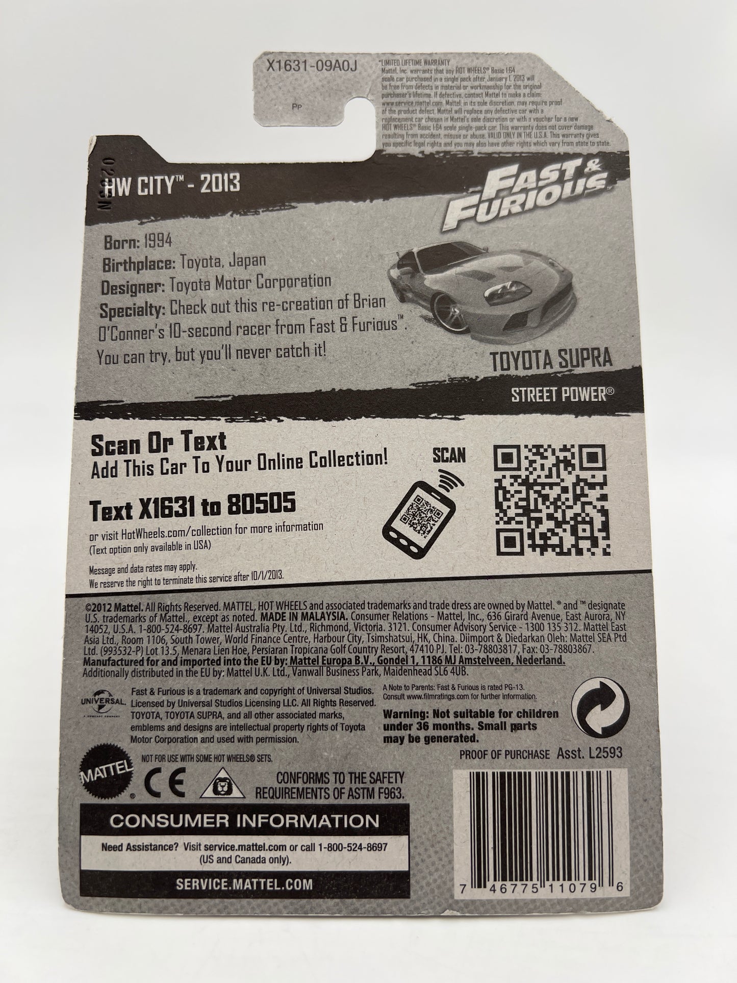 2013 Hot Wheels City #5 Fast & Furious Toyota Supra Orange W/Protector