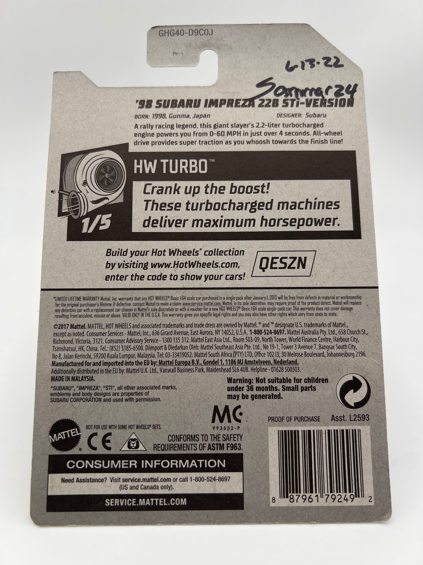 Hot Wheels Zamac 98 Subaru Impreza 22B STi-Version Wheel Swap Custom On Card W/Protector