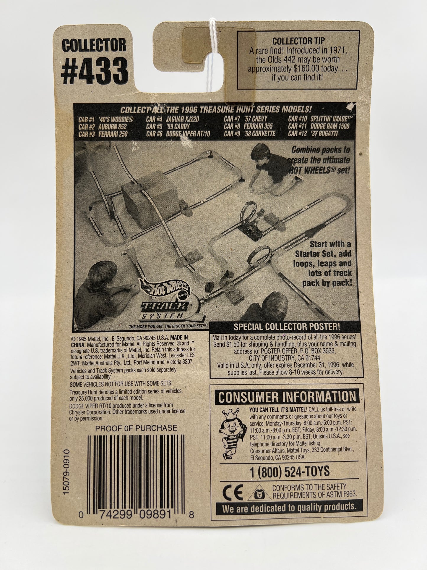 1996 Hot Wheels Treasure Hunt #433 Dodge Viper RT/10 Red Bad Card 282E