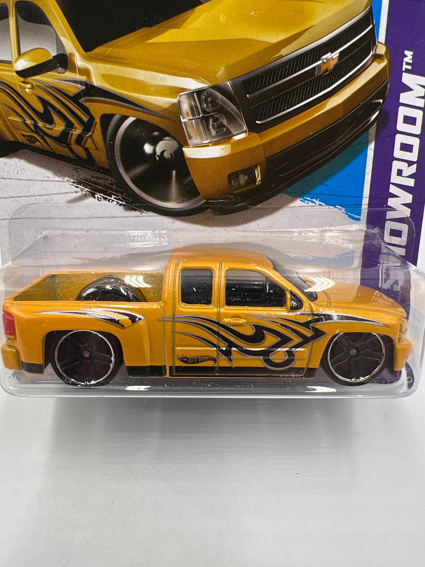 2013 Hot Wheels Showroom #168 Chevy Silverado Yellow W/Protector