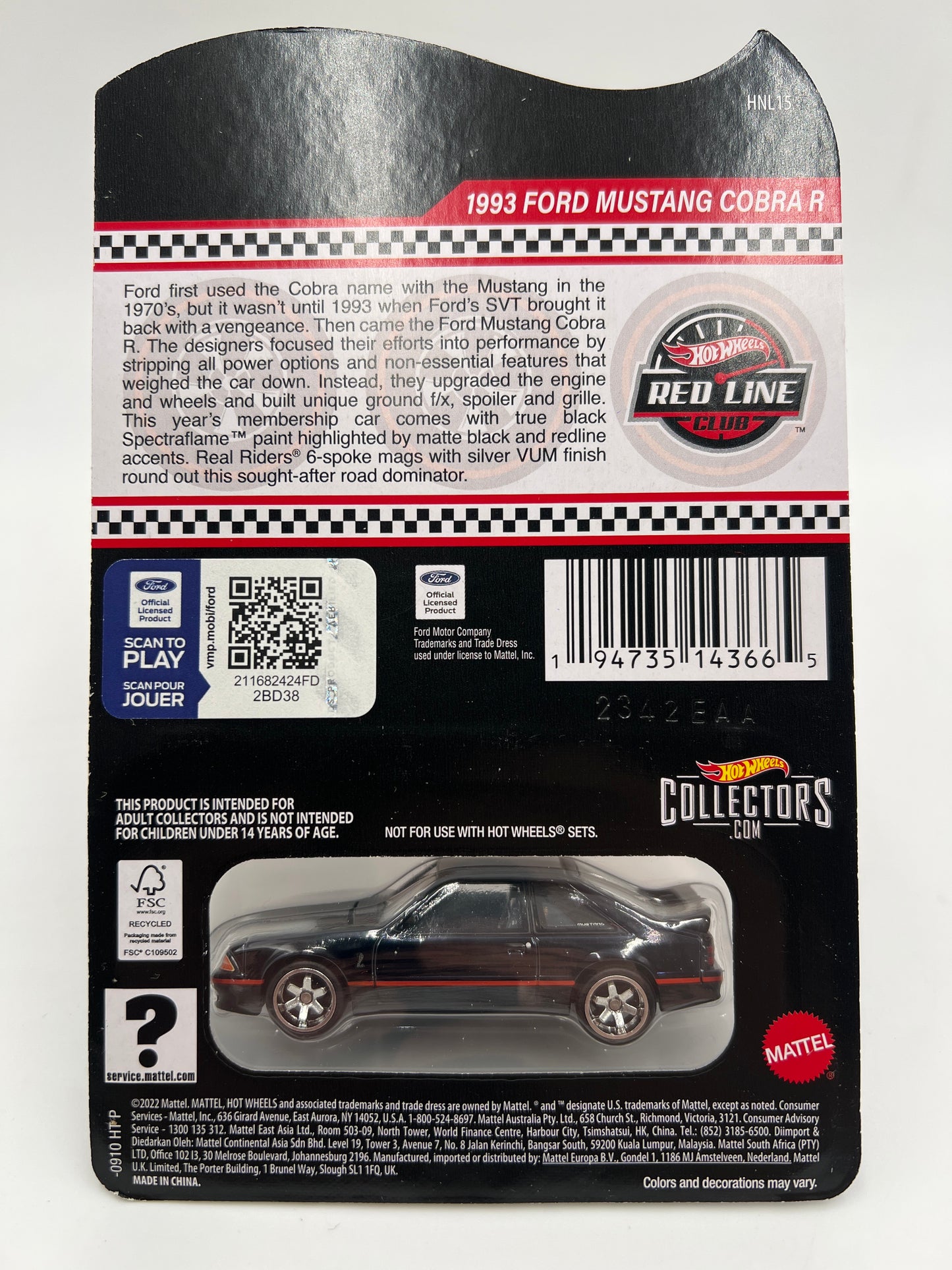 2023 Hot Wheels RLC Club Exclusive 1993 Ford Mustang Cobra R Black W/Protector