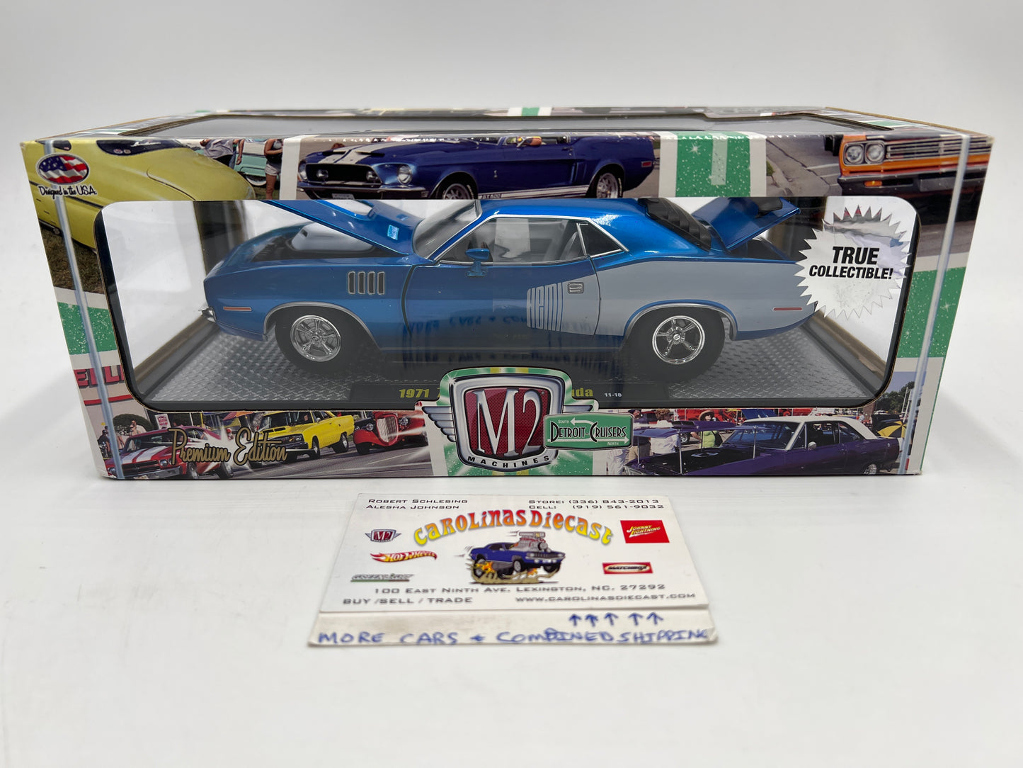 M2 Machines 1/24 Premium Edition Detroit-Cruisers 1971 Plymouth Hemi Cuda Blue/White 11-18
