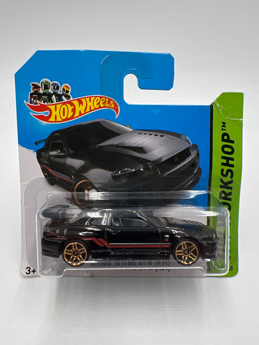 2014 Hot Wheels Short Card Workshop #230 Nissan Skyline GT-R R34 Black W/Protector Card Not Perfect
