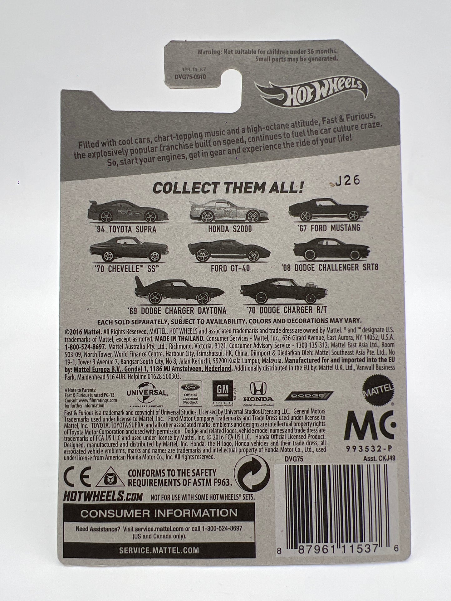 2016 Hot Wheels Fast & Furious #1 94 Toyota Supra Orange W/Protector