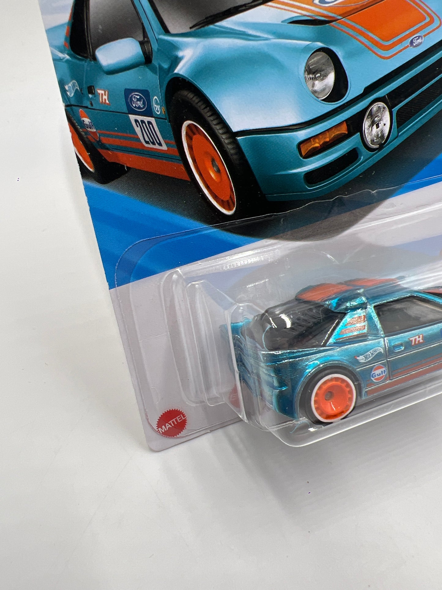 2025 Hot Wheels Super Treasure Hunt #247 Ford RS200 Gulf Blue W/Protector Intl Card
