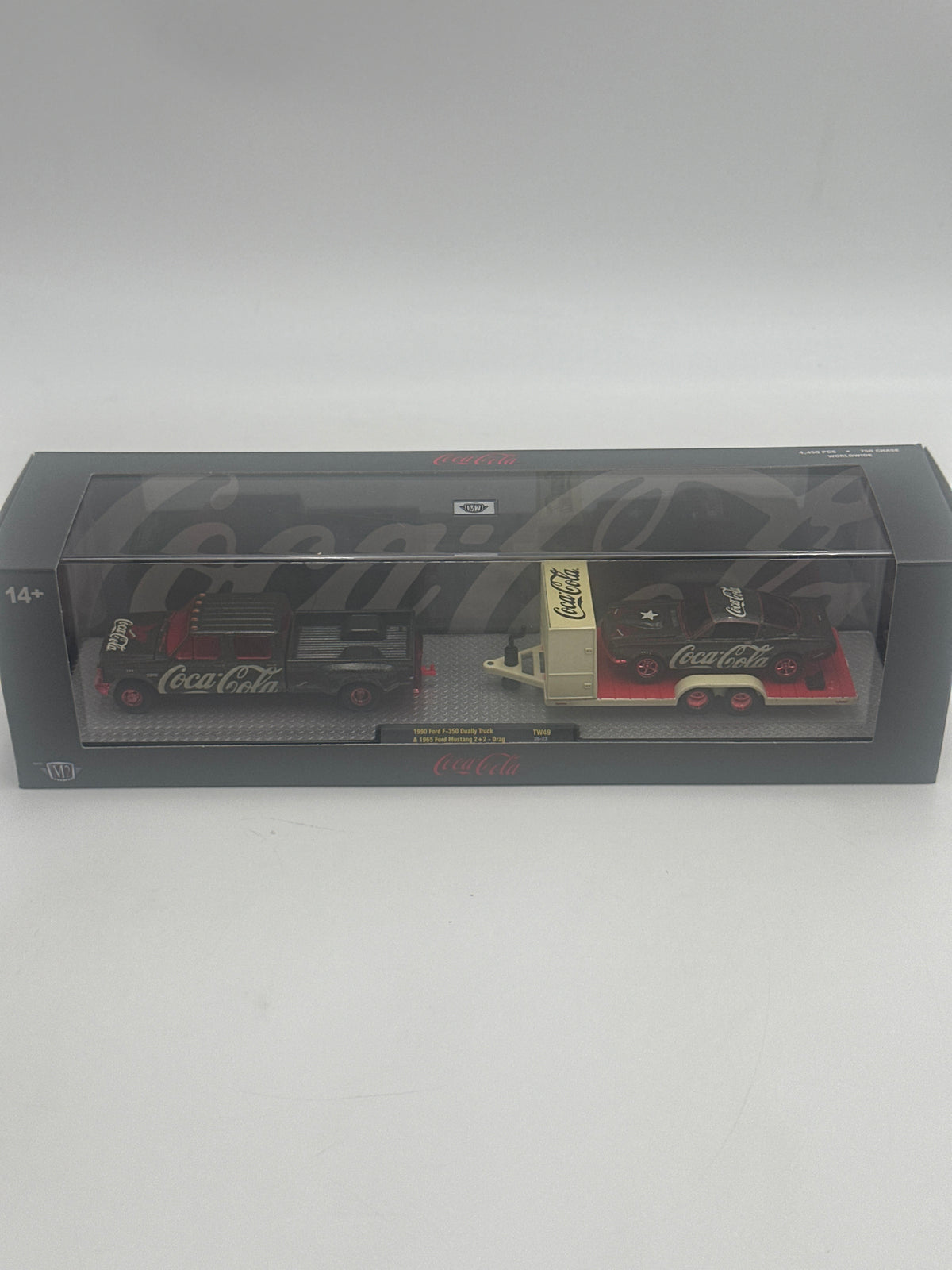 M2 Machines auto haulers 1990 Ford F350 Dually truck & 1965 Ford Mustang 2+2 Drag TW49 Chase