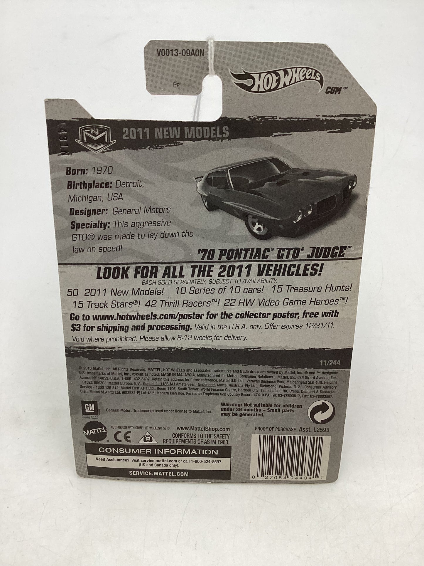 2011 Hot Wheels #11 70 Pontiac GTO Judge Dark Blue 43B