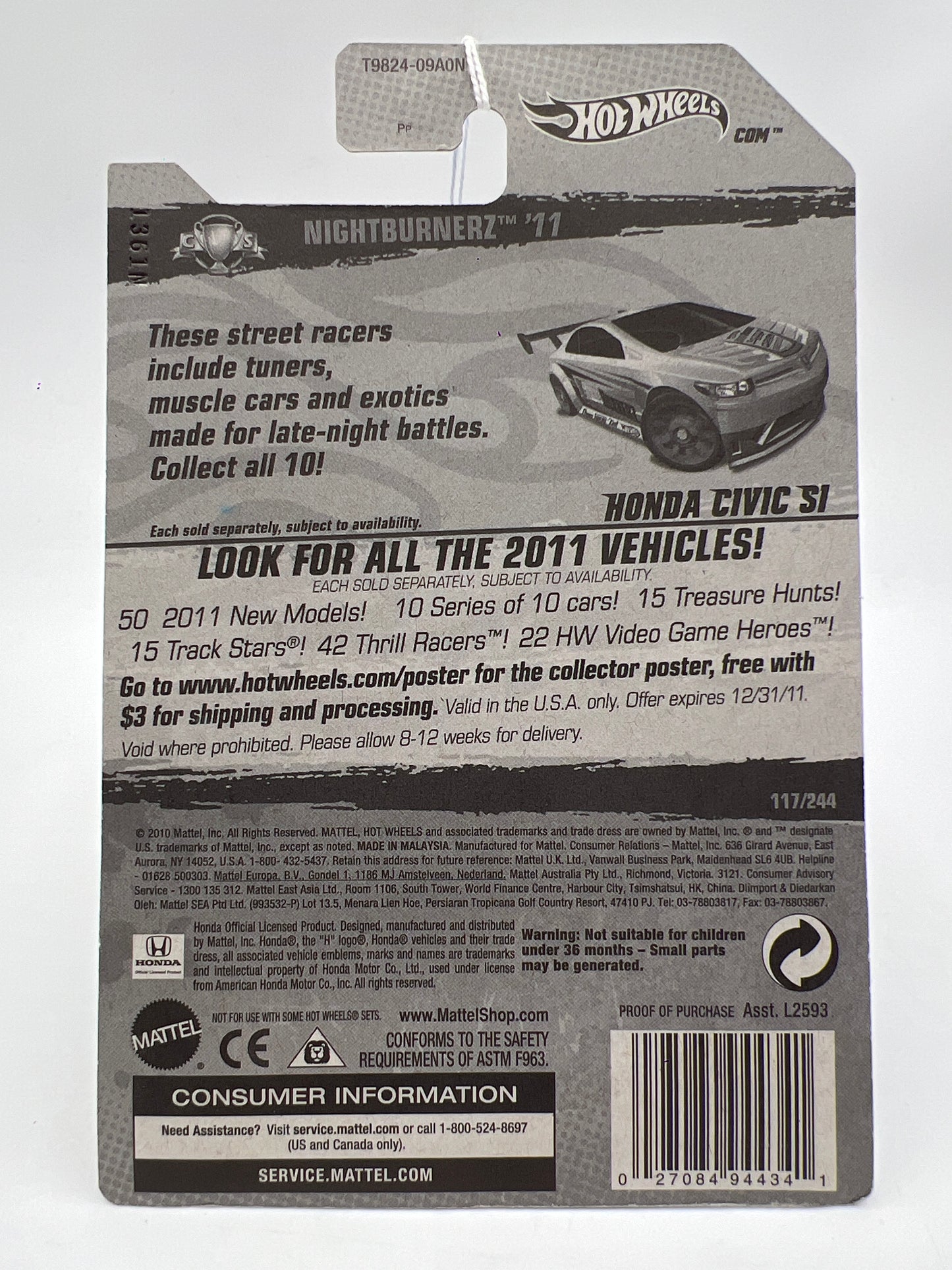 2011 Hot Wheels Nightburnerz #117 Honda Civic Si Yellow