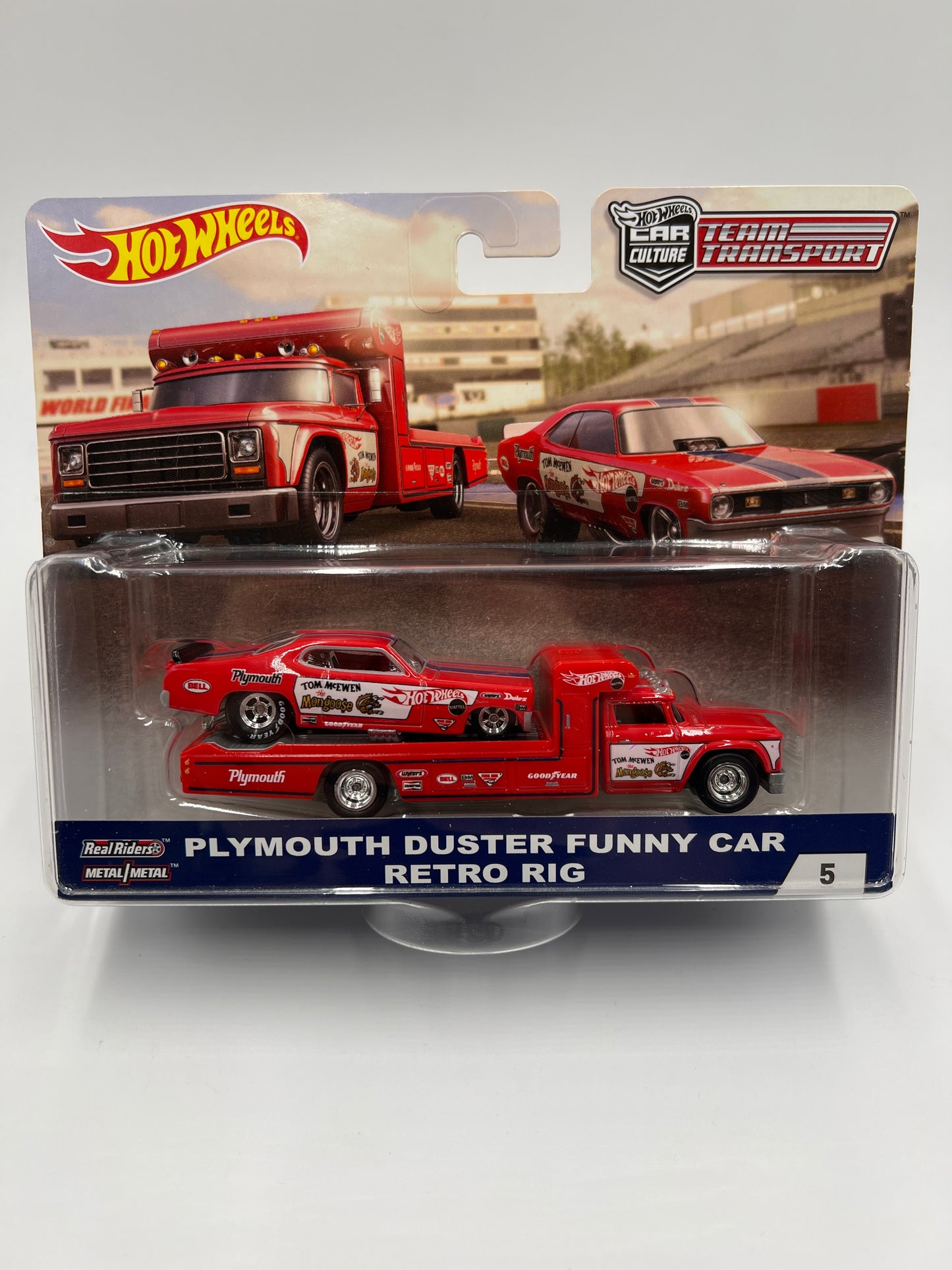 Hot Wheels Car Culture Team Transport #5 Plymouth Duster Funny Car Mongoose & Retro Rig W/Protector