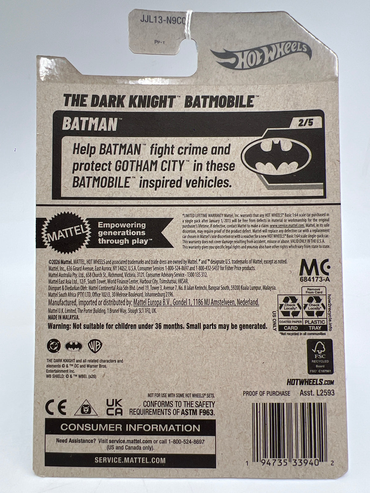 2026 Hot Wheels L Case Batman #51 The Dark Knight Batmobile Black 117H