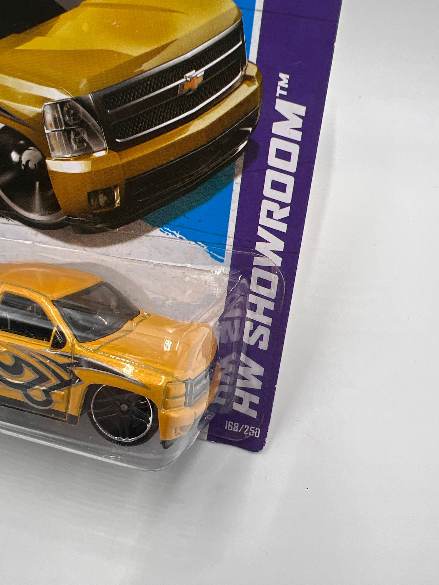 2013 Hot Wheels Showroom #168 Chevy Silverado Yellow W/Protector