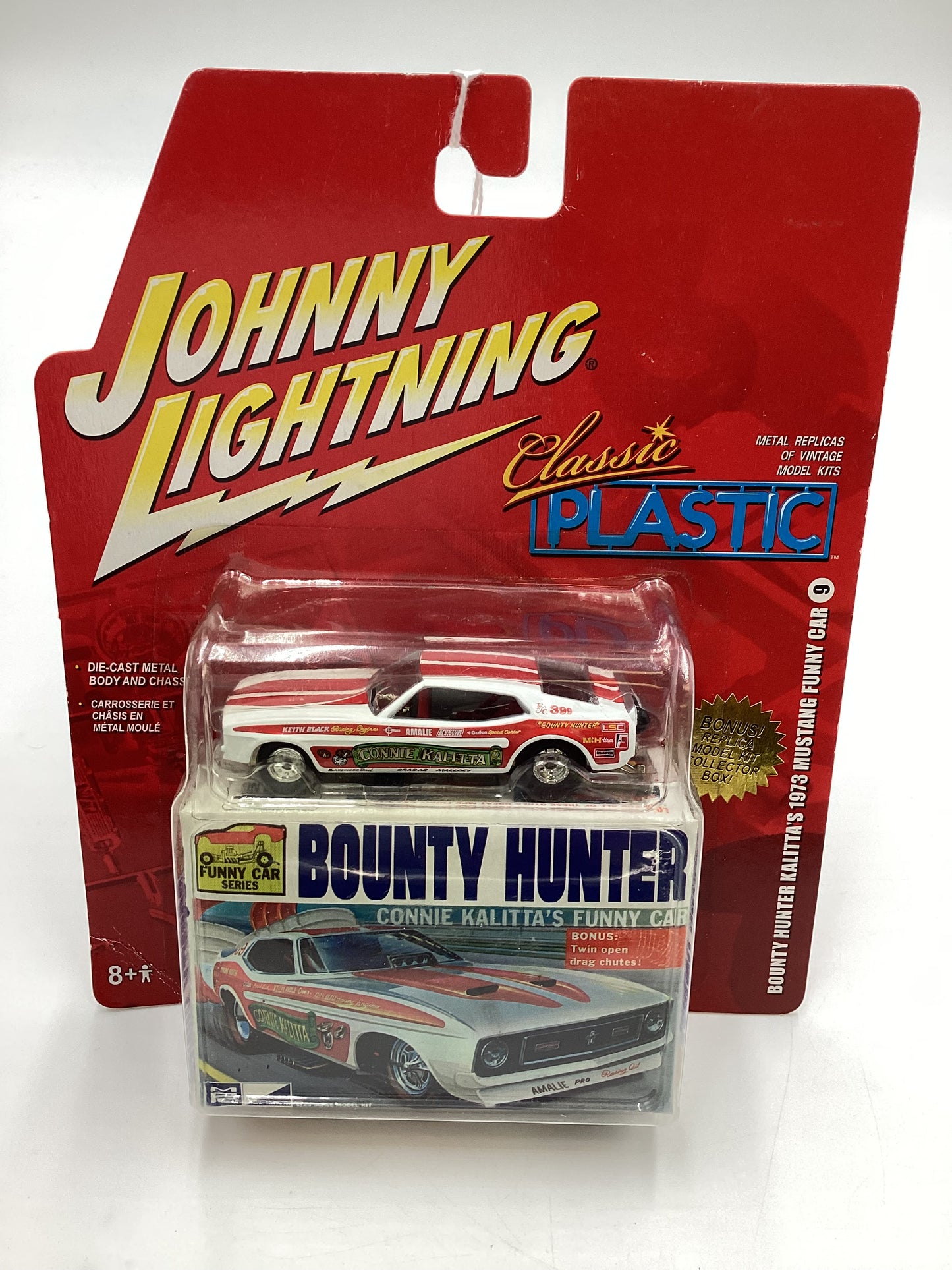 Johnny lightning Classic Plastic #9 Bounty Hunter Kalittas 73 Mustang Funny Car White 231D