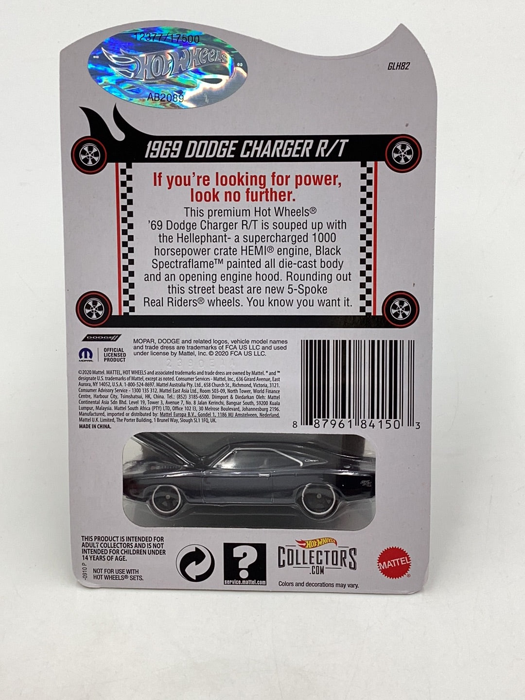 Hot Wheels redline club RLC 1969 Dodge Charger R/T real riders black #12377/17500 with protector