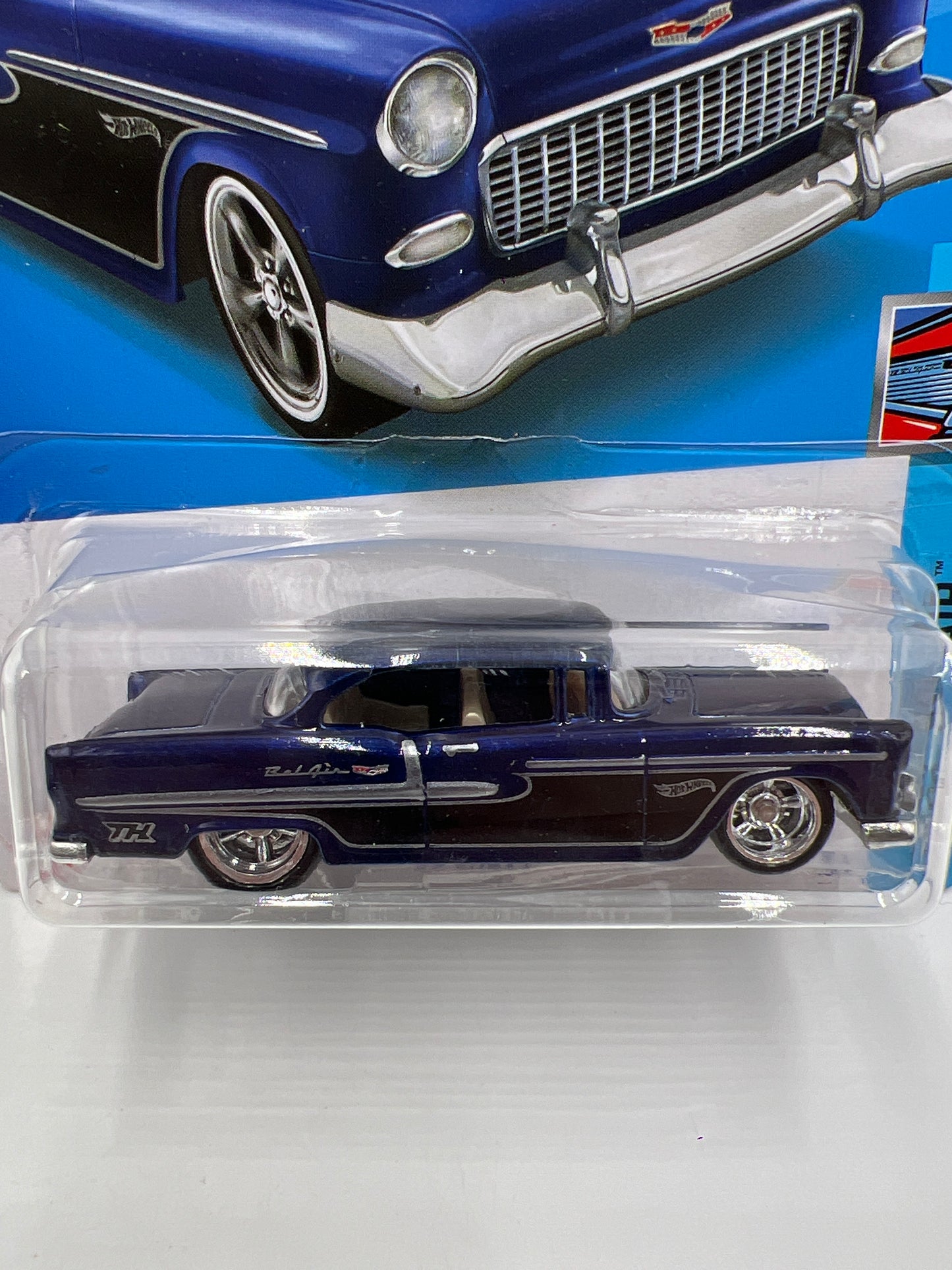 2022 Hot Wheels Super Treasure Hunt #20 55 Chevy Blue W/Protector Blister Not Perfect