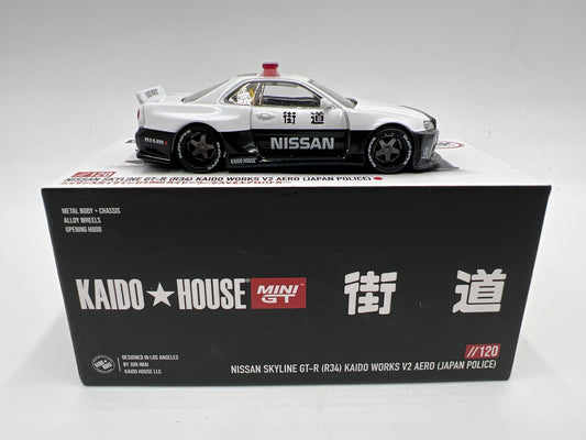Mini GT x Kaido House #120 Nissan Skyline GT-R R34 Kaido Works V2 Aero Japan Police