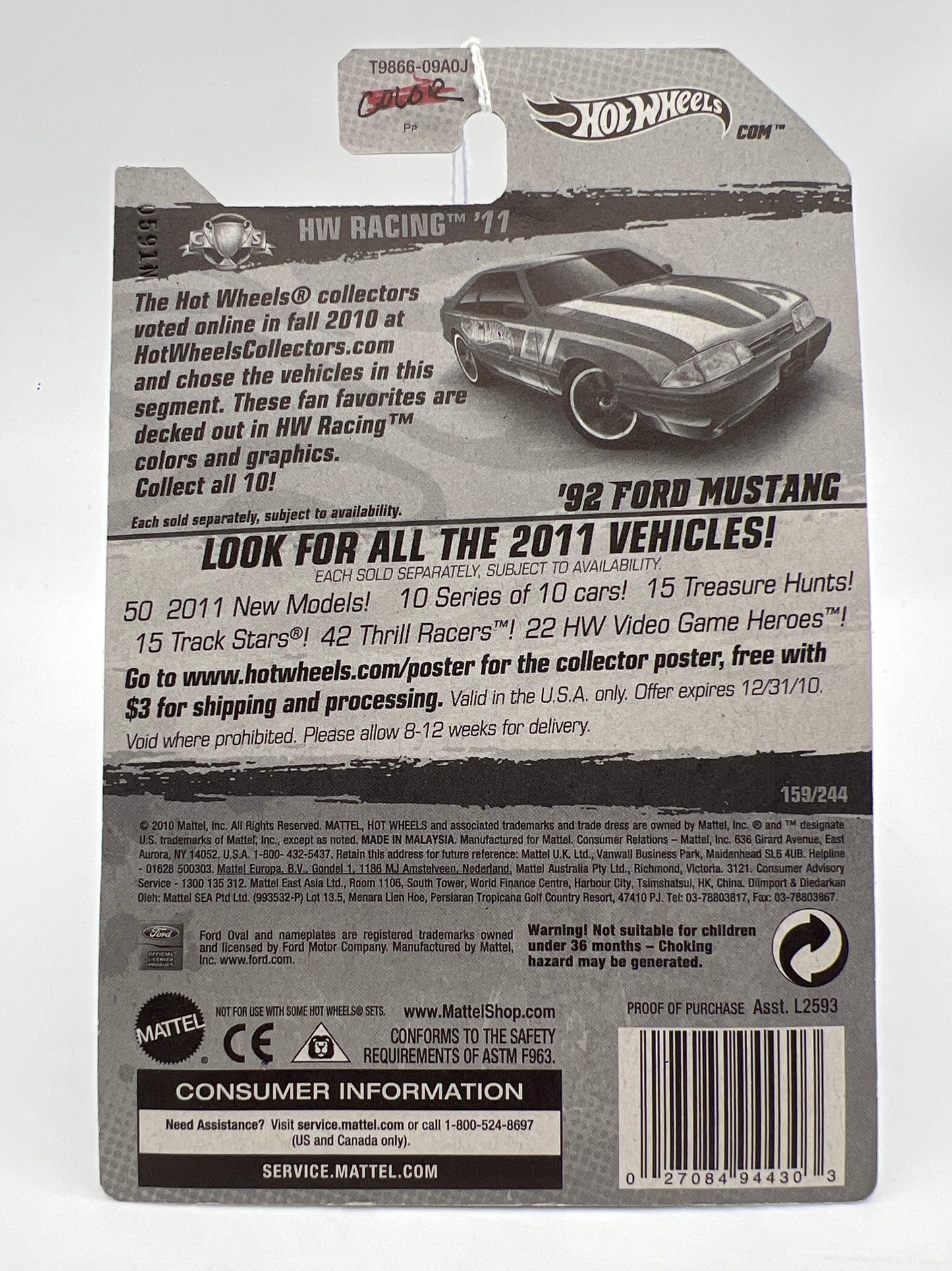 2011 Hot Wheels Racing #159 92 Ford Mustang Blue 24A