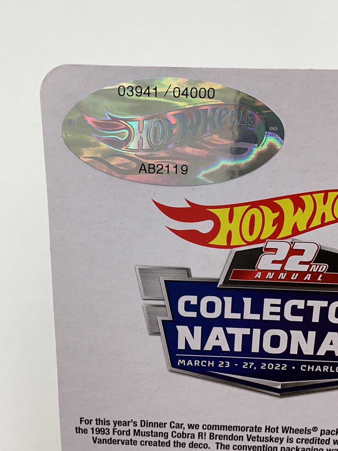 Hot wheels 22nd annual collectors Nationals dinner car 1993 Ford Mustang cobra R 3941/4000 with protector