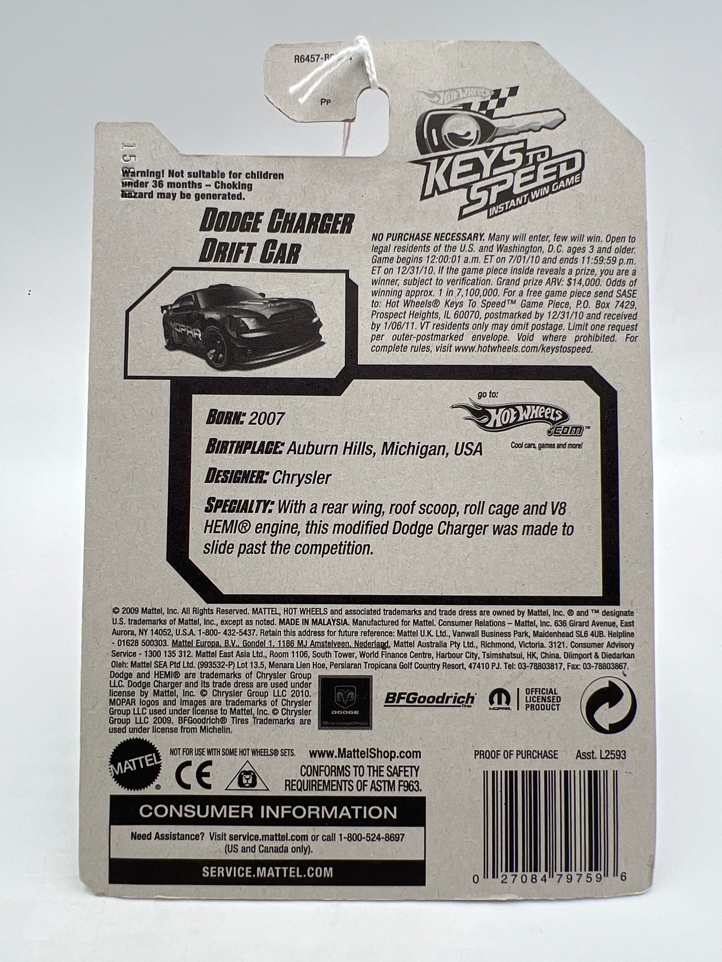 2010 Hot Wheels New Models #43 Dodge Charger Drift Car Black Keys To Speed Card