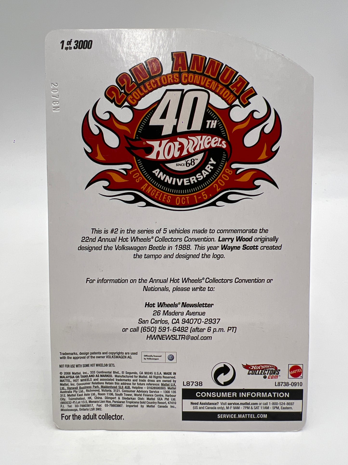 2008 Hot Wheels 22nd Annual Collectors Convention LA 1 of 3000 Volkswagen Beetle W/Protector