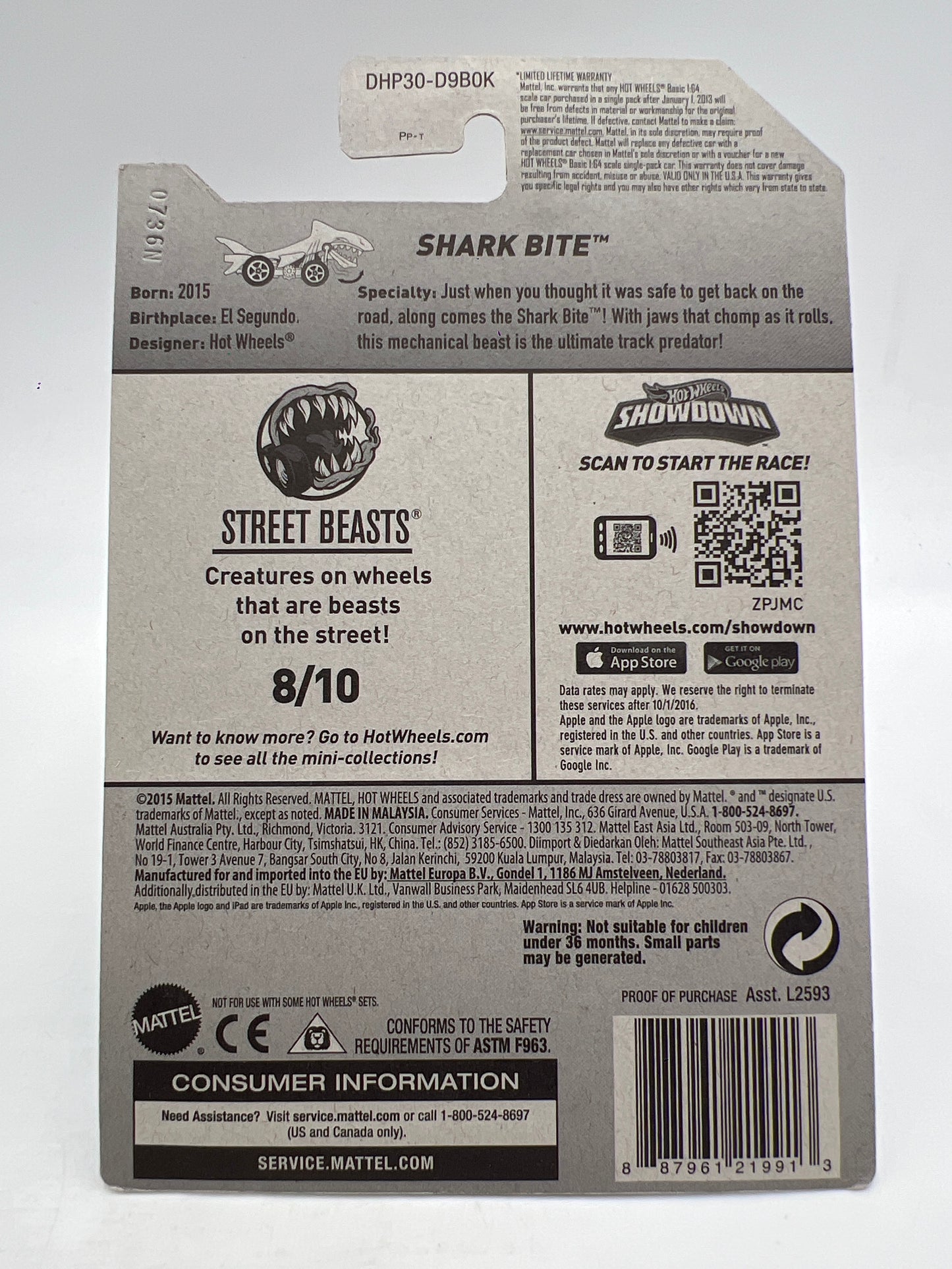 2016 Hot Wheels Street Beasts #208 Shark Bite Blue W/Protector Cracked Blister