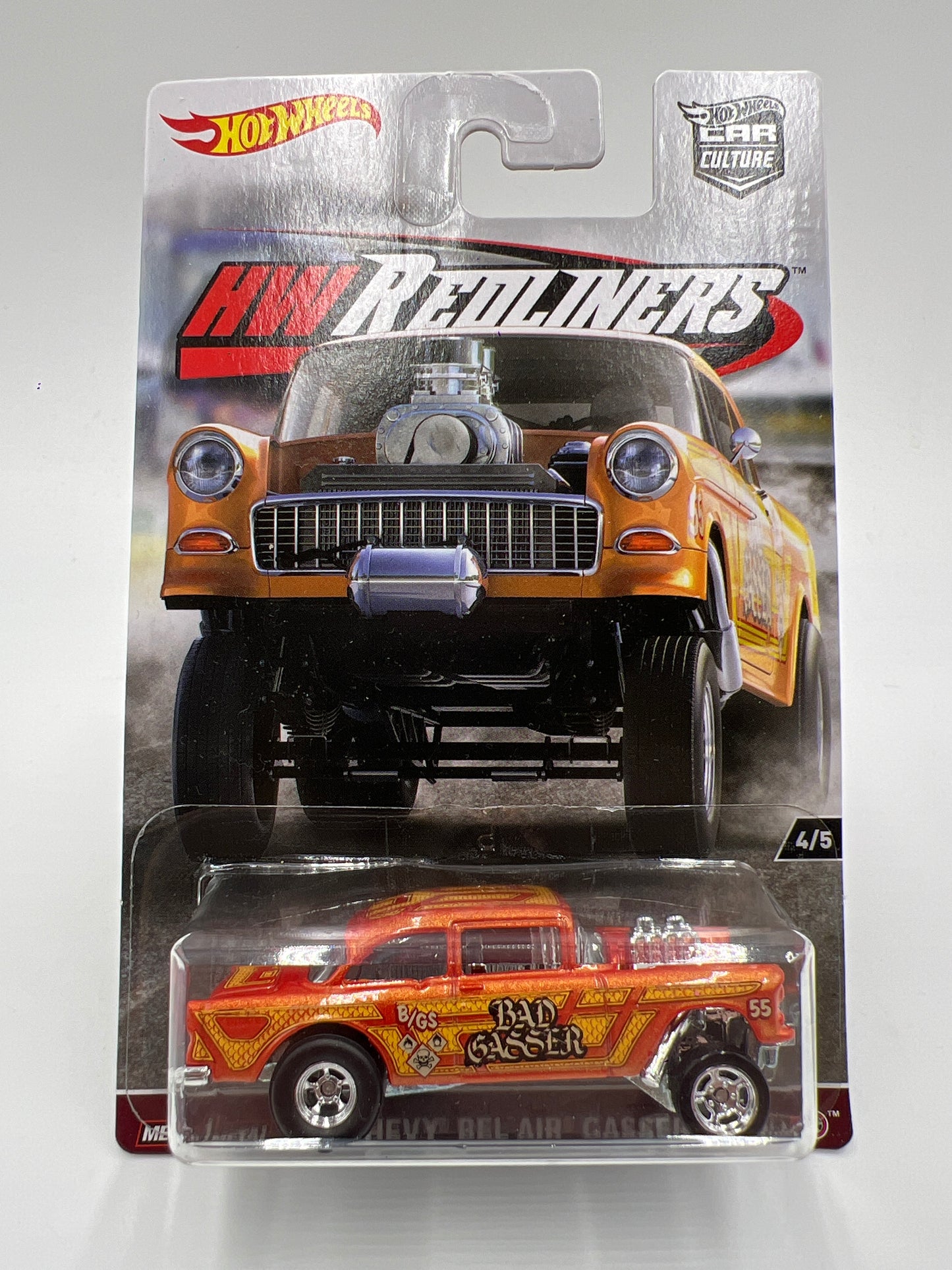 Hot Wheels Car Culture Redliners #4 55 Chevy Bel Air Gasser Orange W/Protector