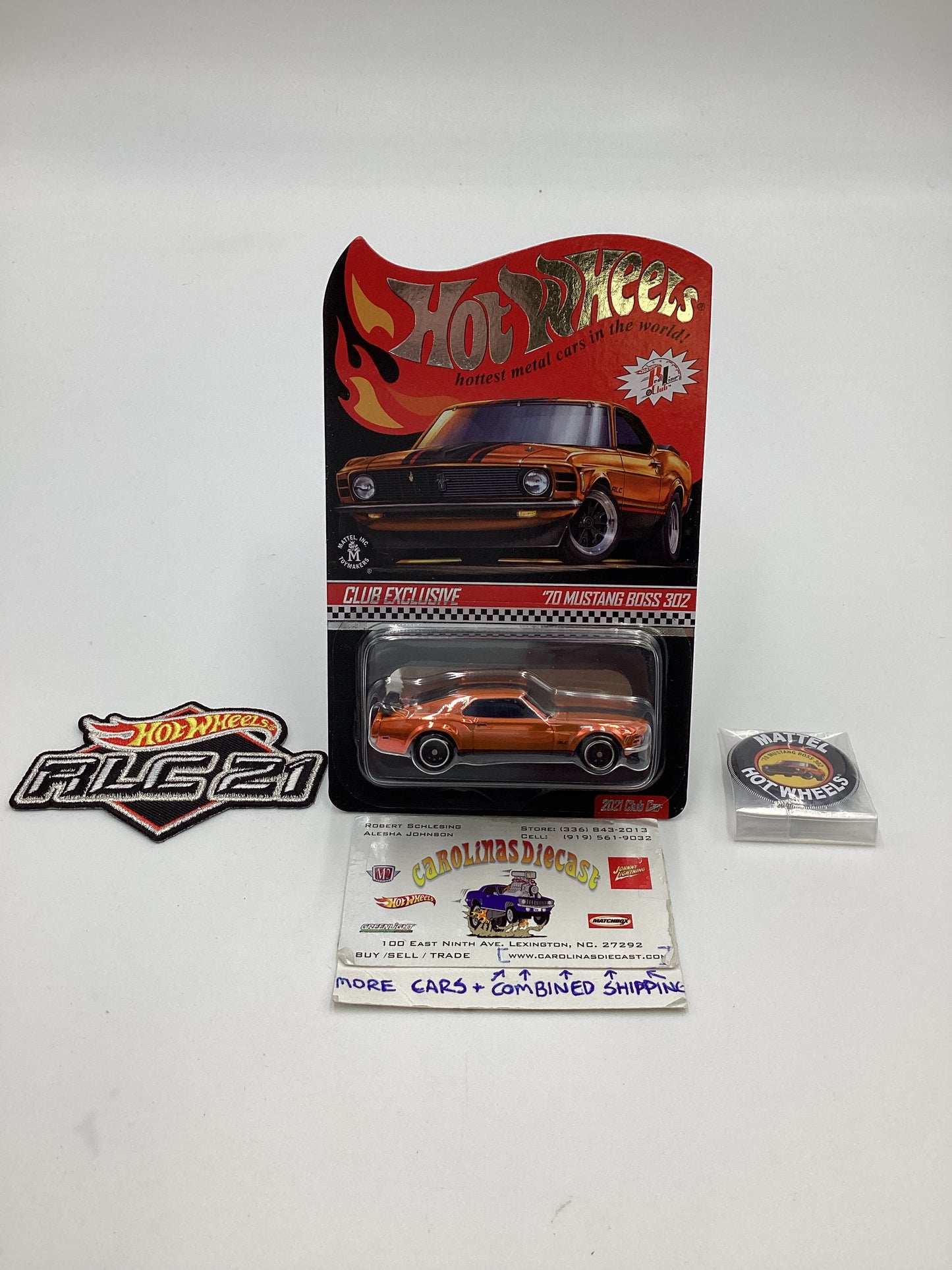 2021 Hot Wheels RLC 70 Mustang Boss 302 Boss Orange Club car with patch and button with protector