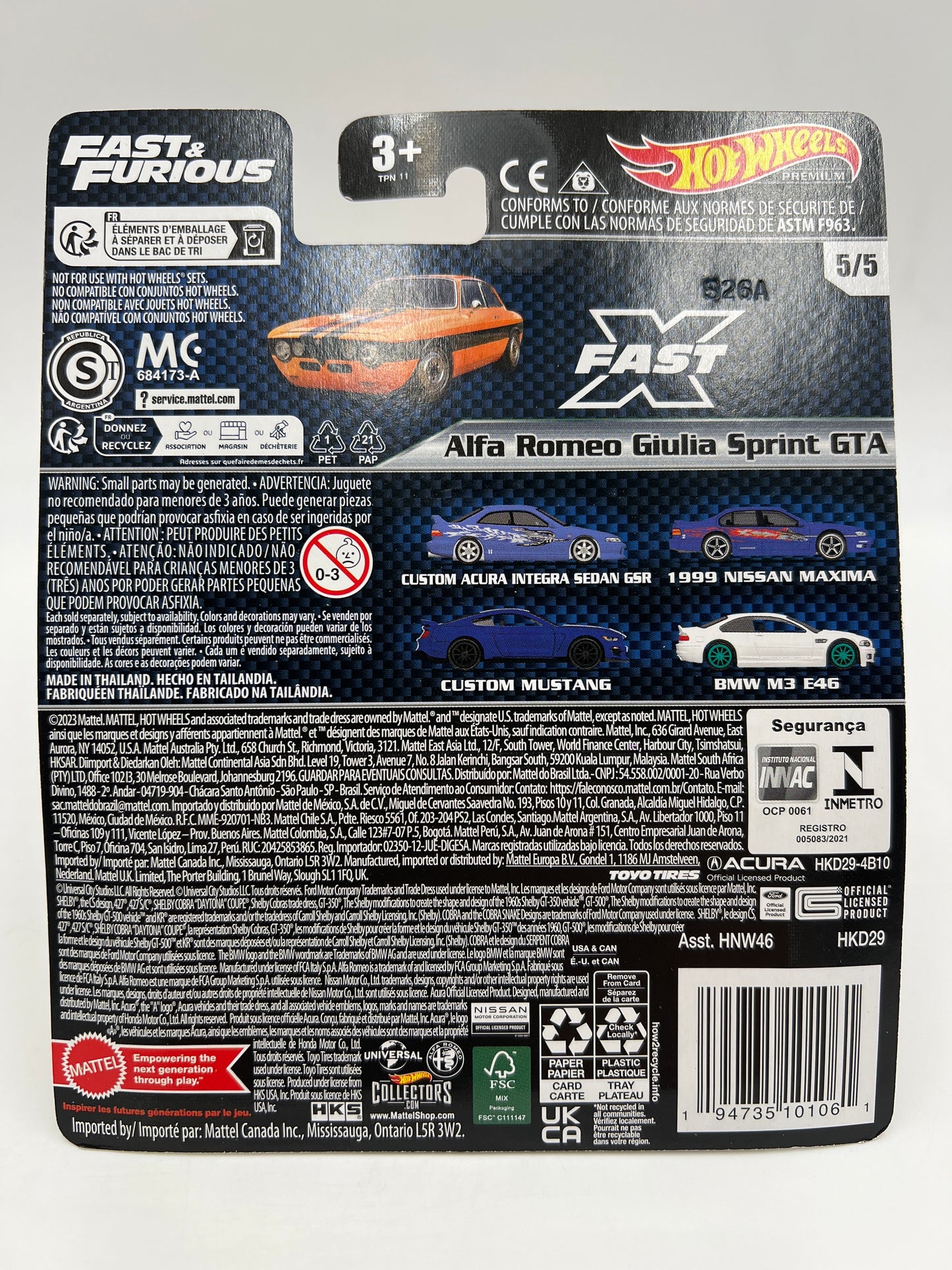 Hot Wheels Premium Fast & Furious #5 Alfa Romeo Giulia Sprint GTA Orange 246R
