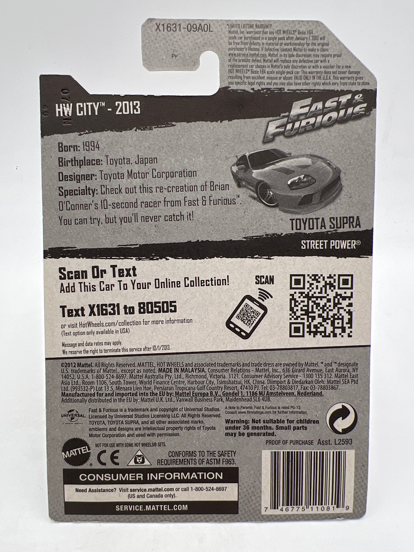 2013 Hot Wheels City #5 Fast & Furious Toyota Supra Orange W/Protector