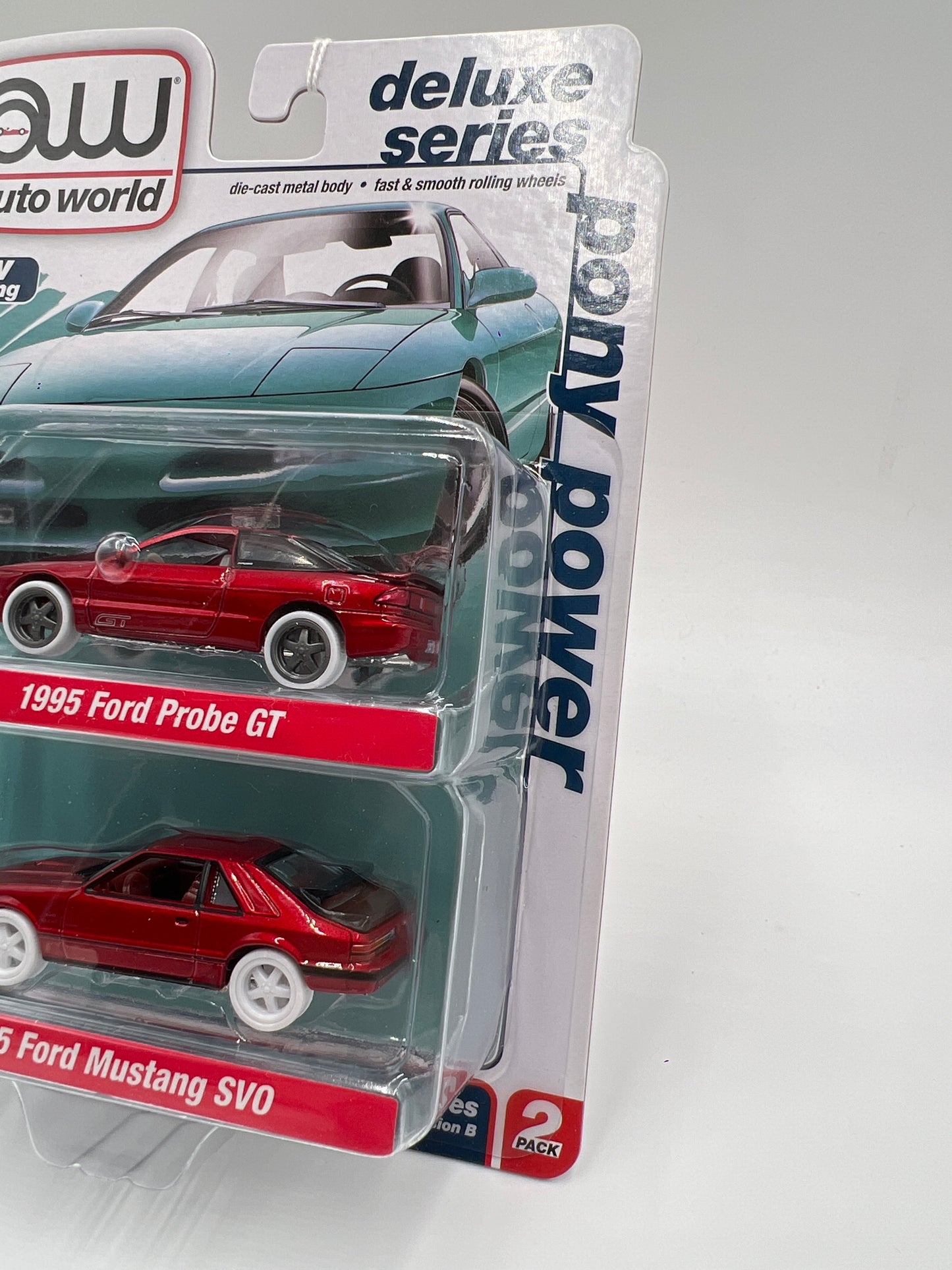 Auto World 2 Pack Deluxe Series CHASE Pony Power 1985 Ford Mustang SVO & 1995 Ford Probe GT Ultra Red