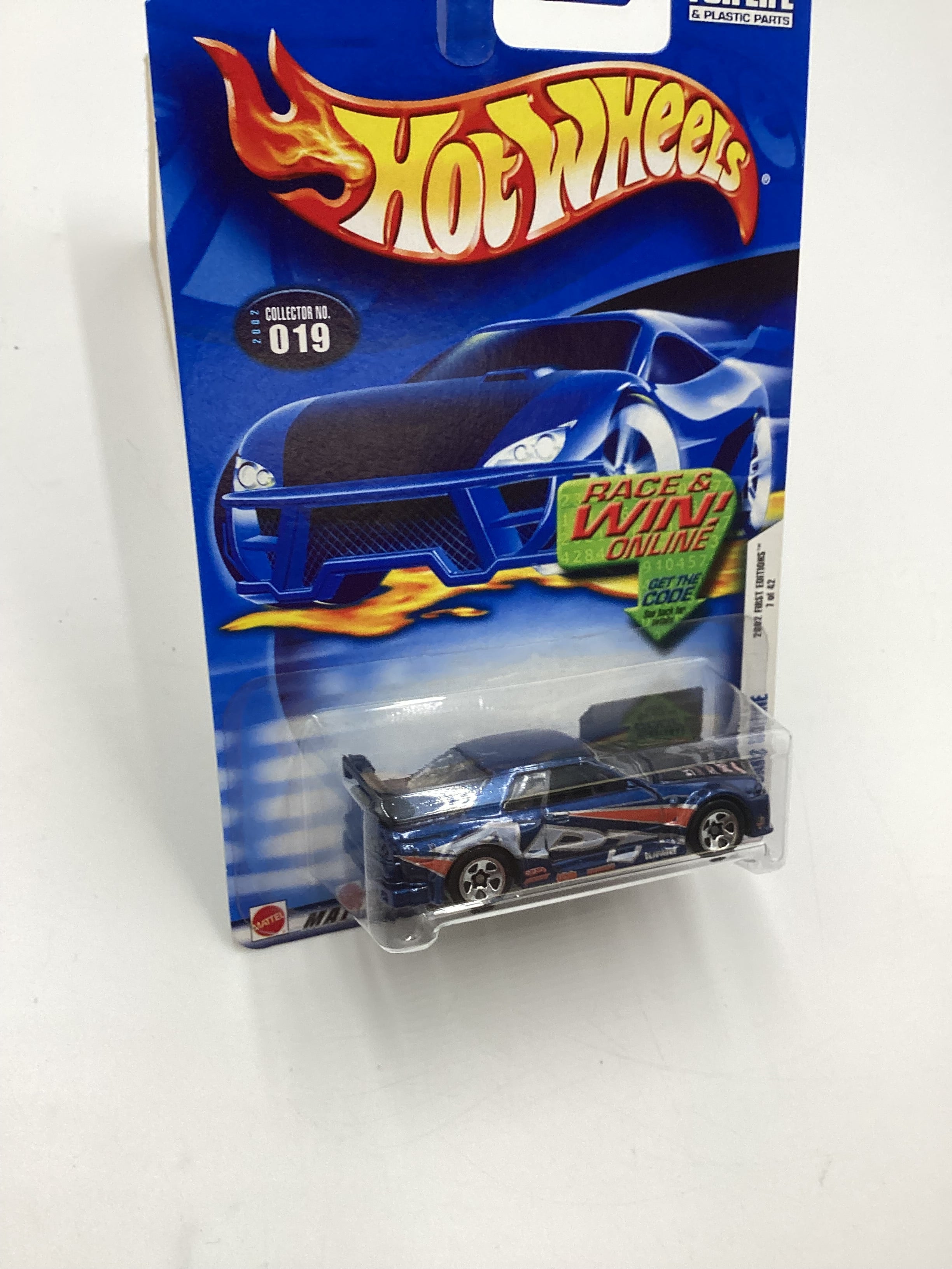 2002 Hot Wheels First Editions Collector 019 Nissan Skyline Blue 5SP Wheels Race and Win Card SR