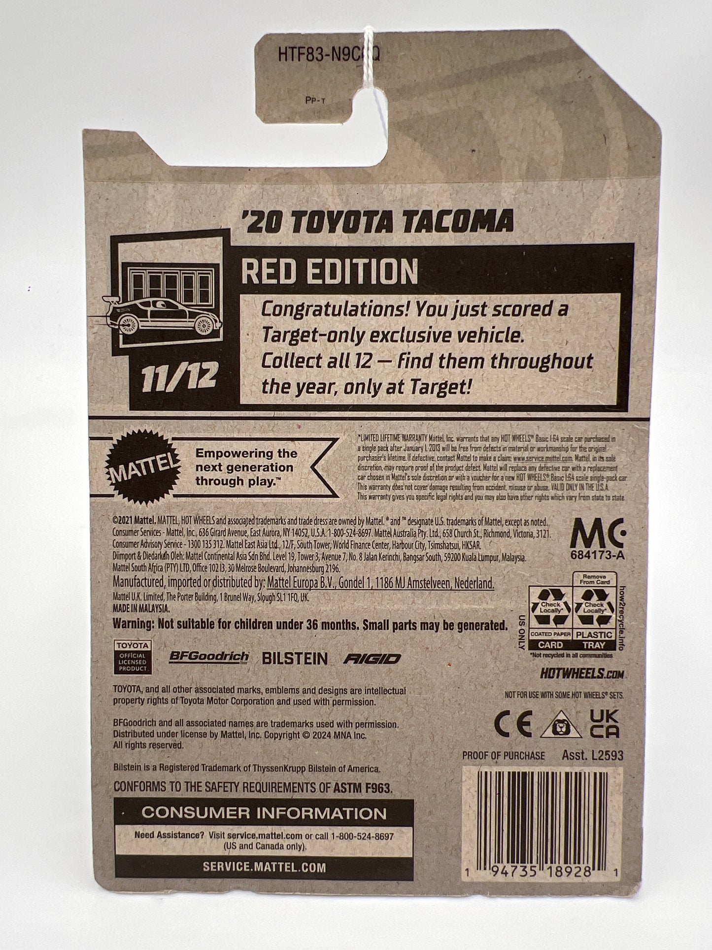 2024 Hot Wheels Target Exclusive Red Edition #198 20 Toyota Tacoma Black 149G