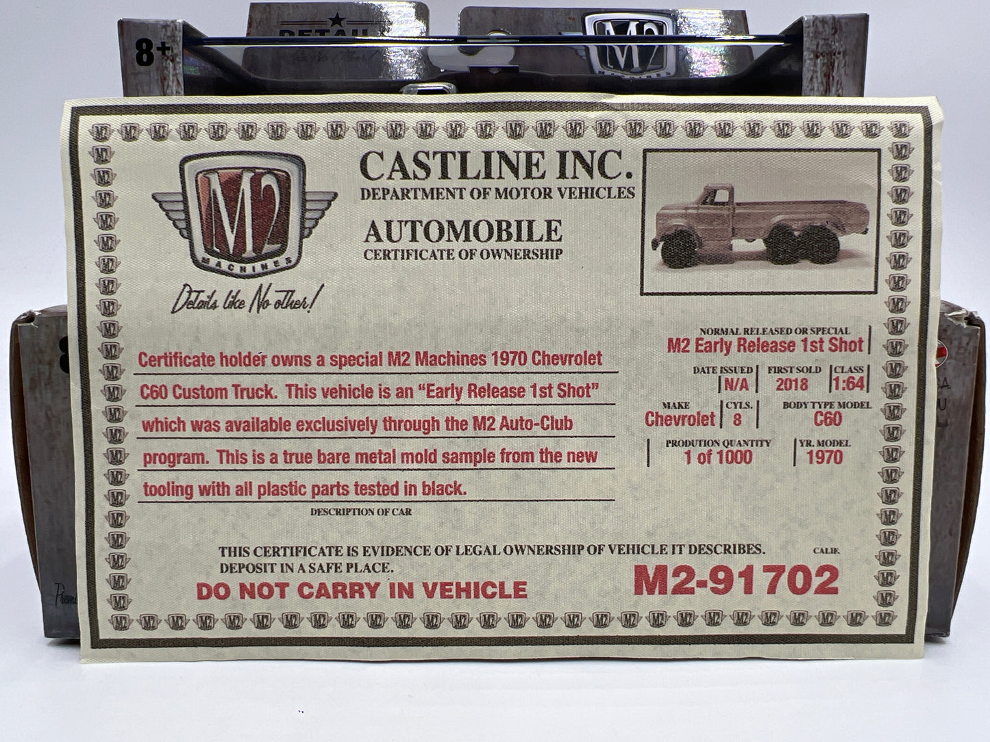 M2 Machines Auto-Club Exclusive 1st Shot Replica Raw Sample 1/1000 1970 Chevrolet C60 Truck Custom