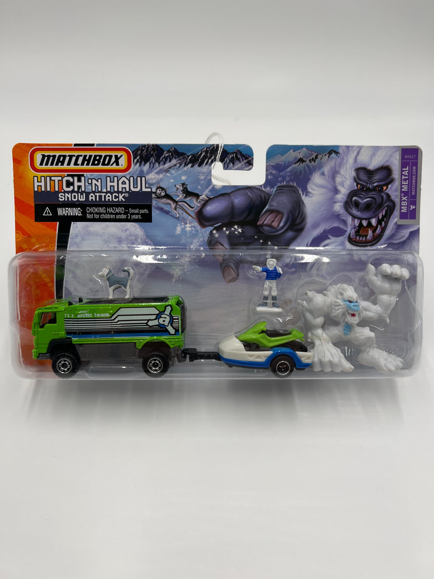 Matchbox Hitch N Haul MBX Metal Snow Attack Green Snow Truck & Snowmobile 168B