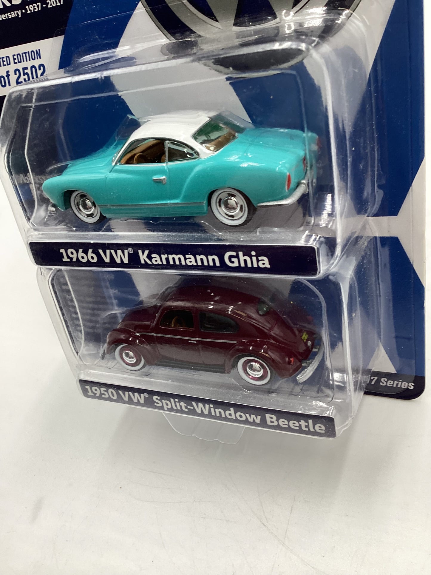 Johnny Lightning 2 Pack 1/2502 1966 VW Karmann Ghia Light Blue 1950 VW Split Window Beetle Maroon with protector