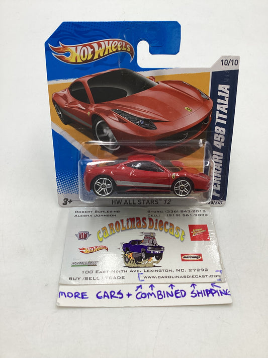 2012 Hot wheels #130 Ferrari 458 Italia Red Short Card with protector