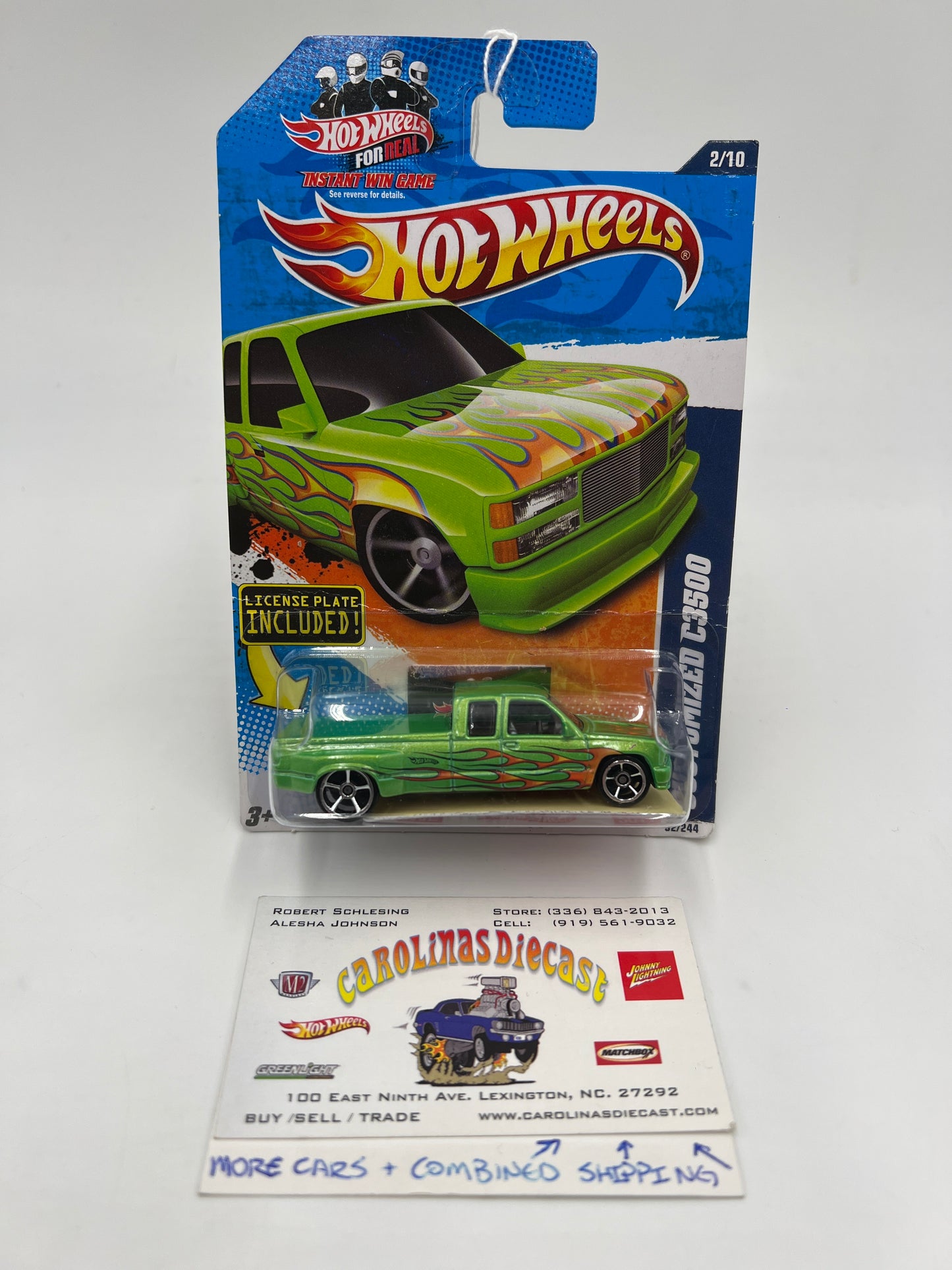2011 Hot Wheels Heat Fleet #92 Customized C3500 Green W/License Plate Has Vein Above Blister