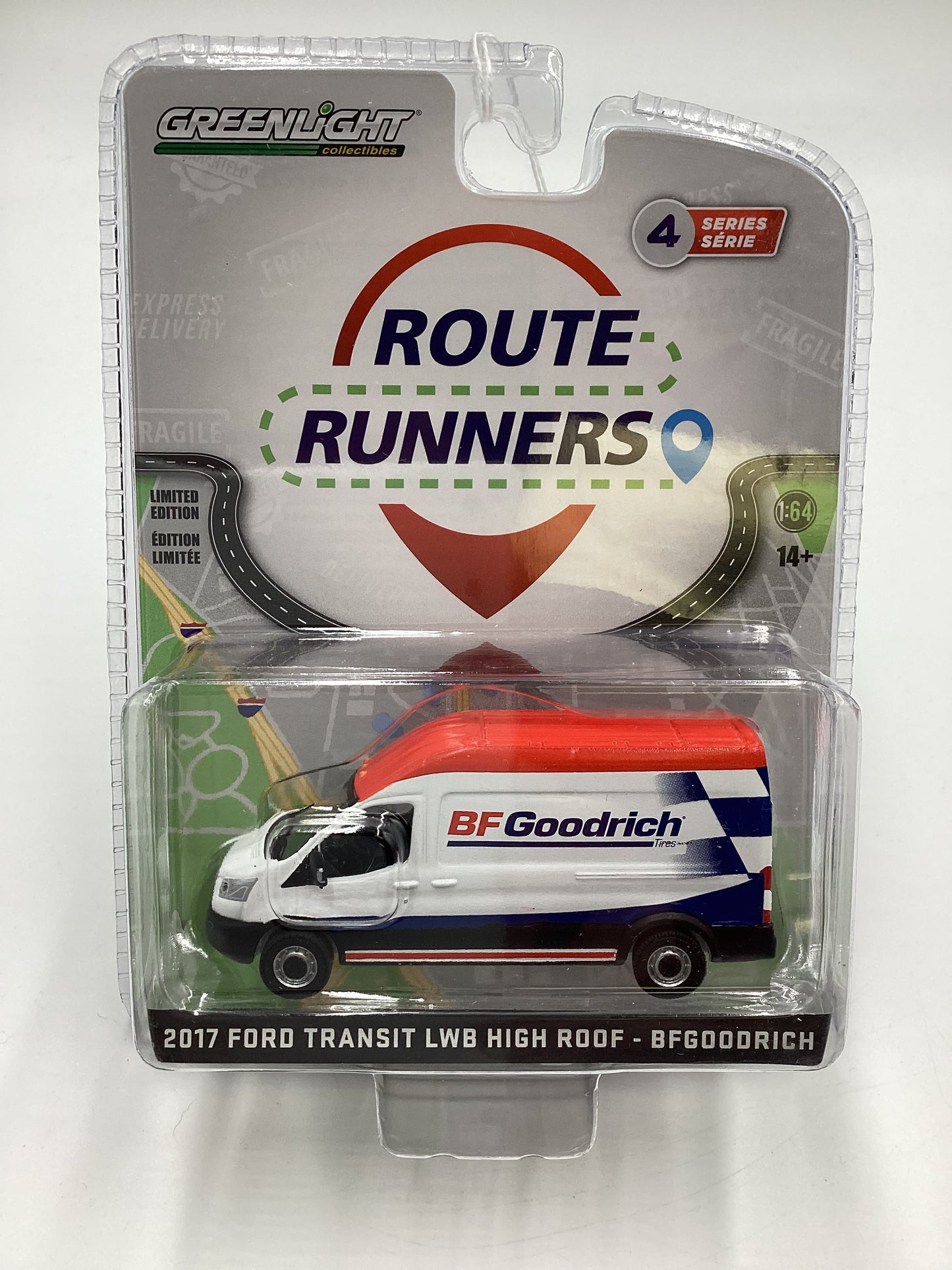 Greenlight Route Runners Series 4 BF Goodrich 2017 Ford Transit LWB High Roof White 180E